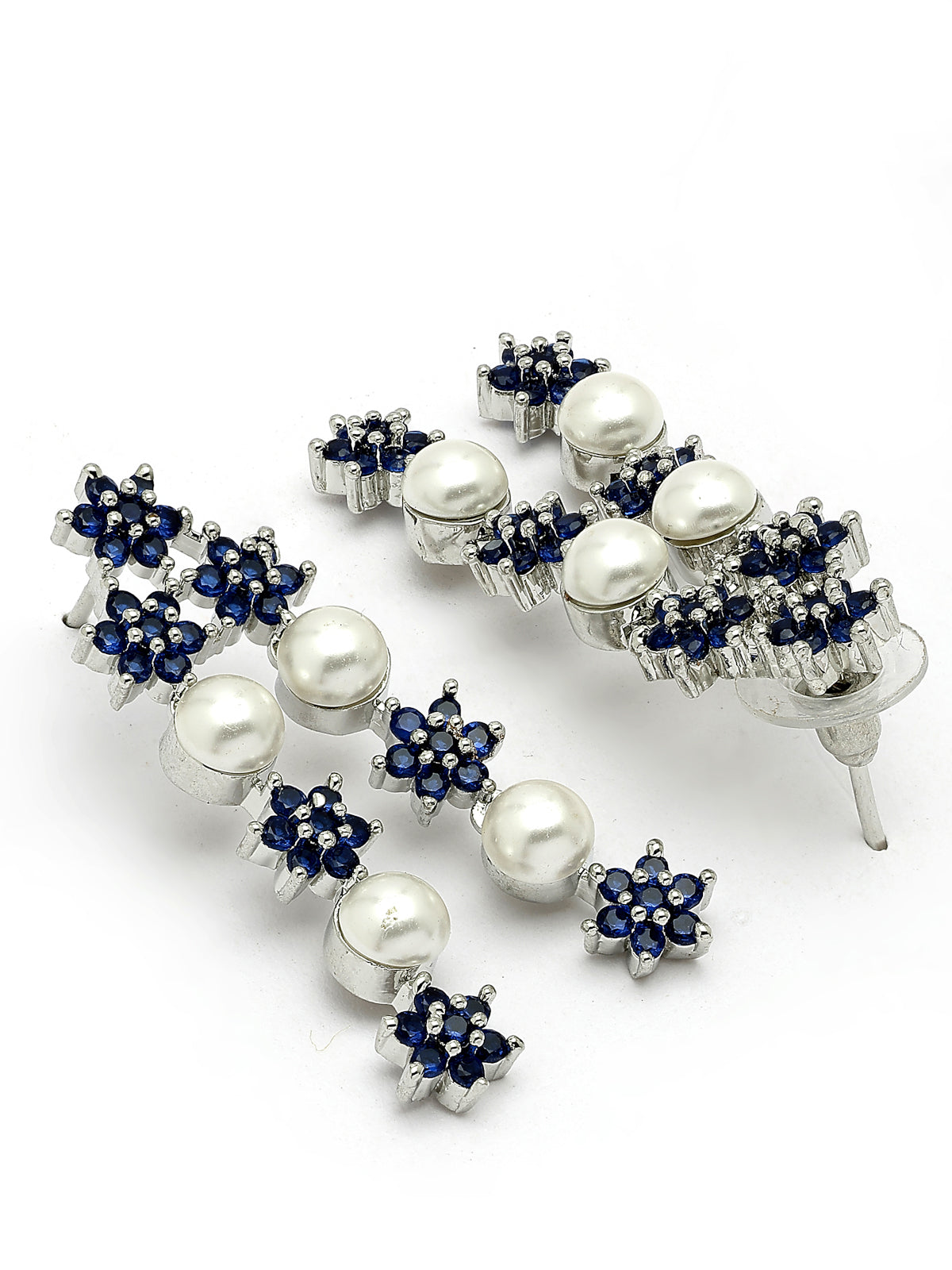 Sukkhi Desirable Blue Floral Design Rhodium Plated with CZ & Pearl Studded Brass Two Layered Collar Necklace with Drop Earrings Jewellery Set for Women|Latest Stylish Gifts for All Occasions|NS116036