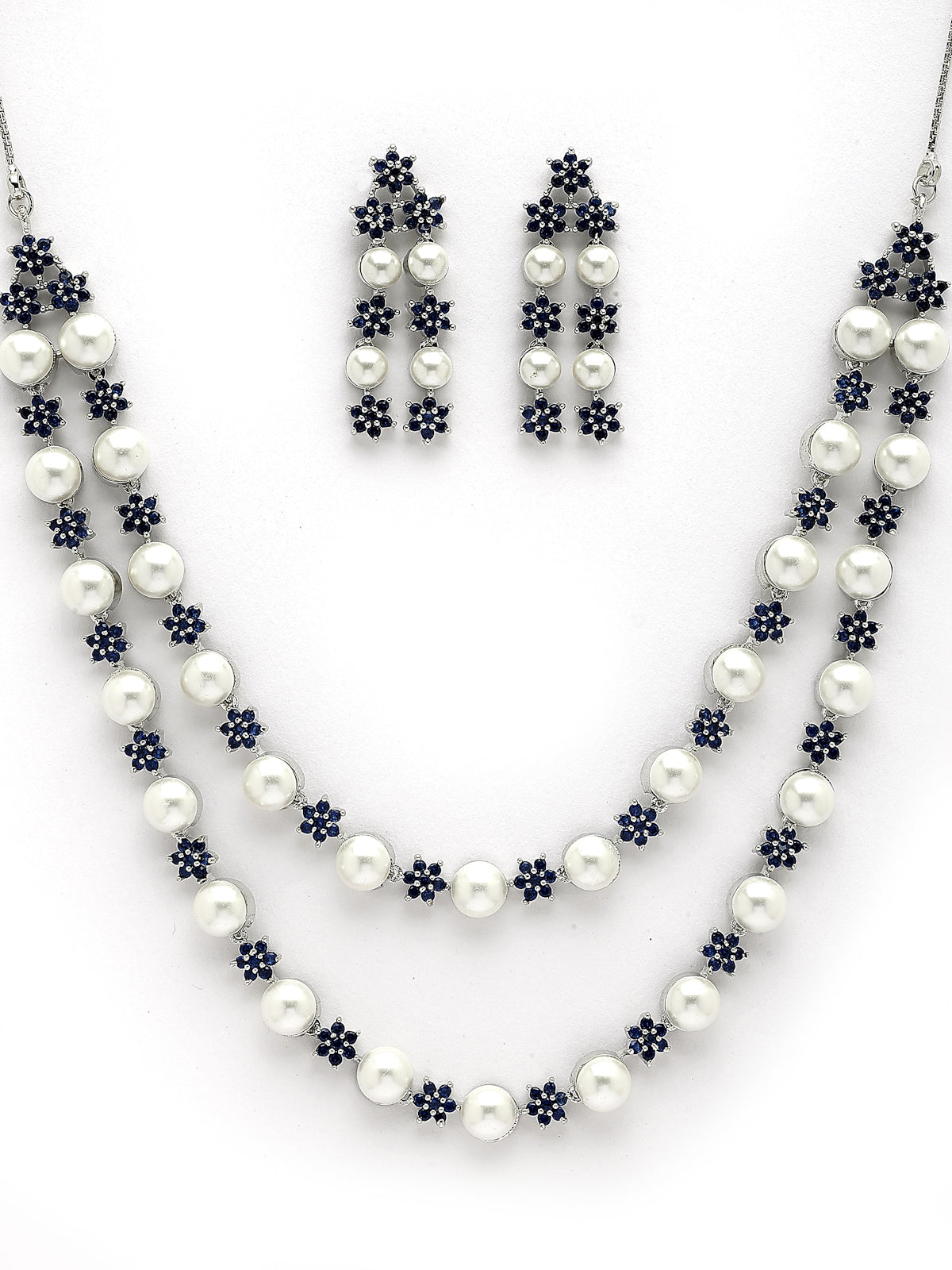 Sukkhi Desirable Blue Floral Design Rhodium Plated with CZ & Pearl Studded Brass Two Layered Collar Necklace with Drop Earrings Jewellery Set for Women|Latest Stylish Gifts for All Occasions|NS116036