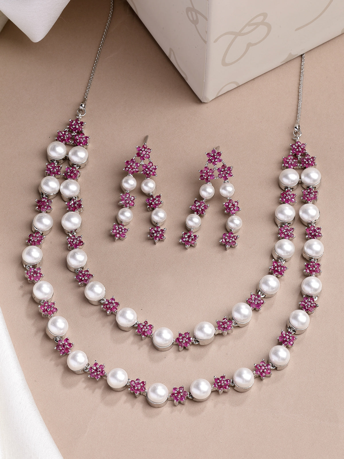 Sukkhi Lovely Red Floral Design Rhodium Plated with CZ & Pearl Studded Brass Two Layered Collar Necklace with Drop Earrings Jewellery Set for Women|Latest Stylish Gifts for All Occasions|NS116037