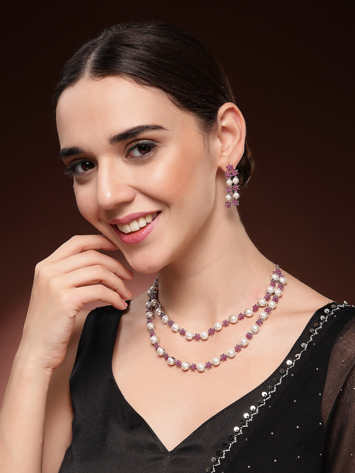 Sukkhi Lovely Red Floral Design Rhodium Plated with CZ & Pearl Studded Brass Two Layered Collar Necklace with Drop Earrings Jewellery Set for Women|Latest Stylish Gifts for All Occasions|NS116037