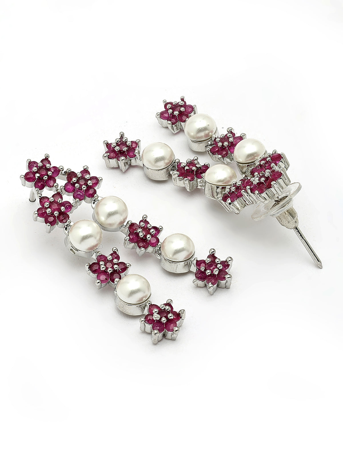 Sukkhi Lovely Red Floral Design Rhodium Plated with CZ & Pearl Studded Brass Two Layered Collar Necklace with Drop Earrings Jewellery Set for Women|Latest Stylish Gifts for All Occasions|NS116037