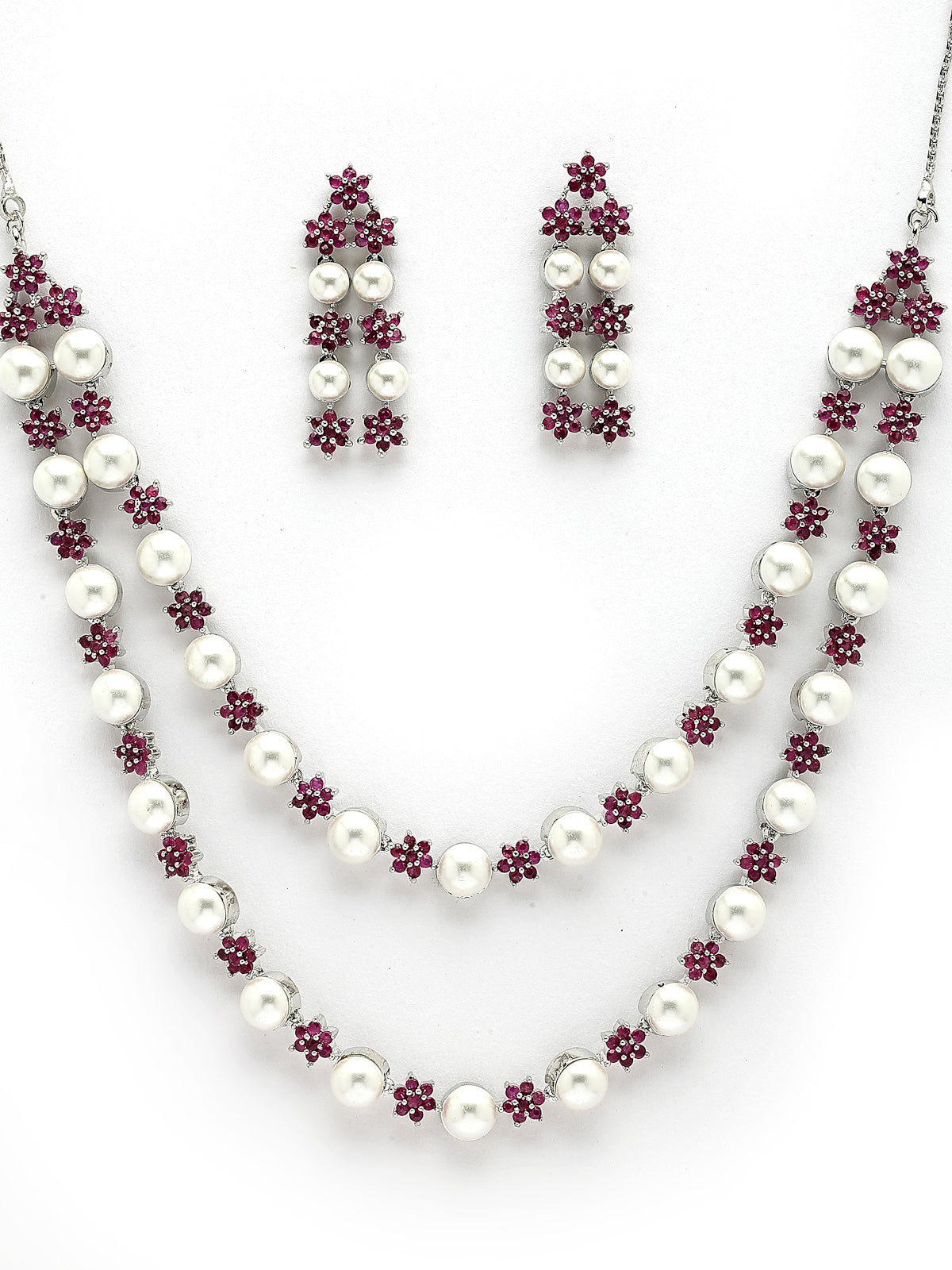 Sukkhi Lovely Red Floral Design Rhodium Plated with CZ & Pearl Studded Brass Two Layered Collar Necklace with Drop Earrings Jewellery Set for Women|Latest Stylish Gifts for All Occasions|NS116037