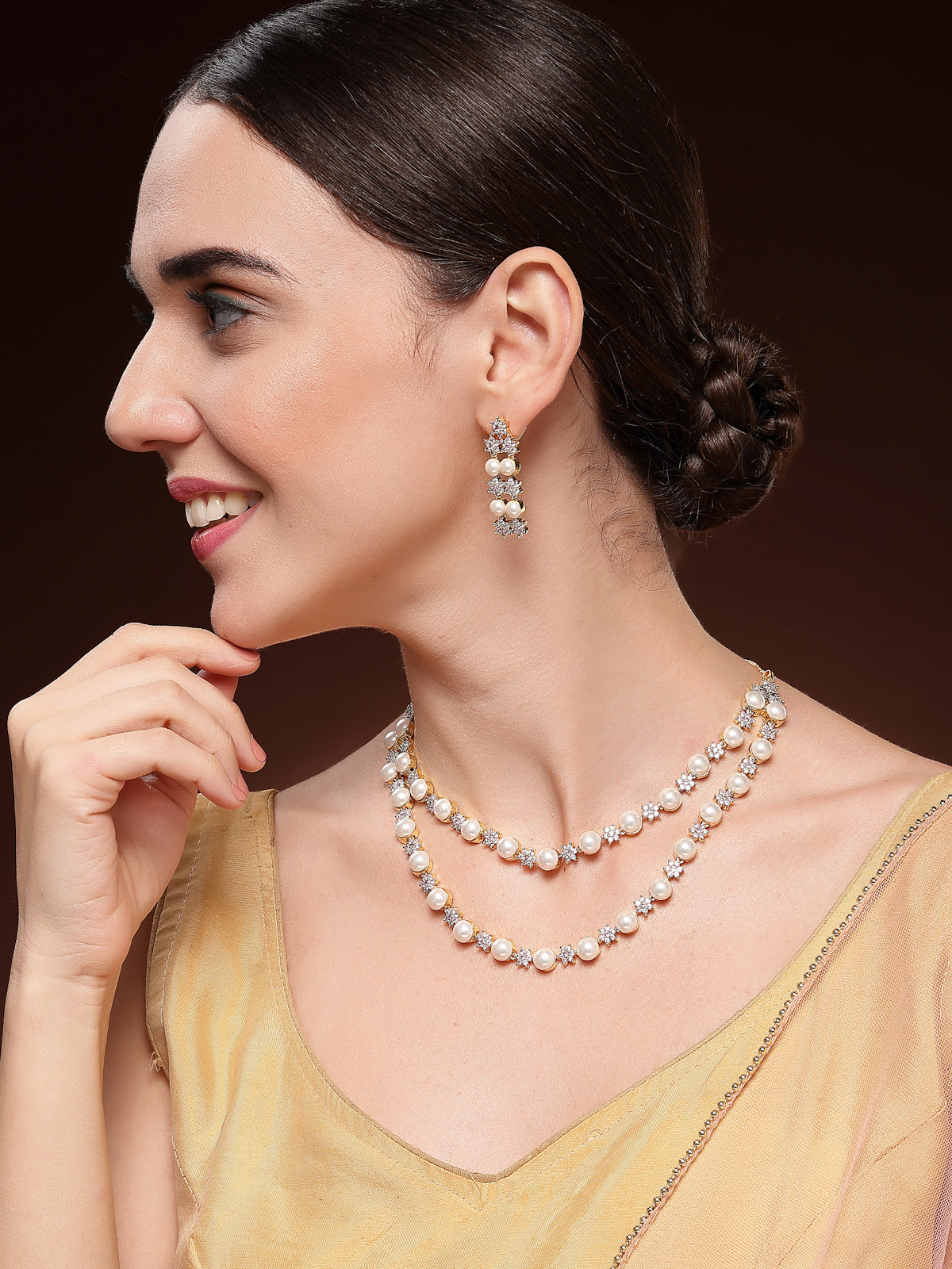 Sukkhi Creative Floral Design Gold Plated with CZ & Pearl Studded White Brass Two Layered Collar Necklace with Drop Earrings Jewellery Set for Women|Latest Stylish Gifts for All Occasions|NS116038