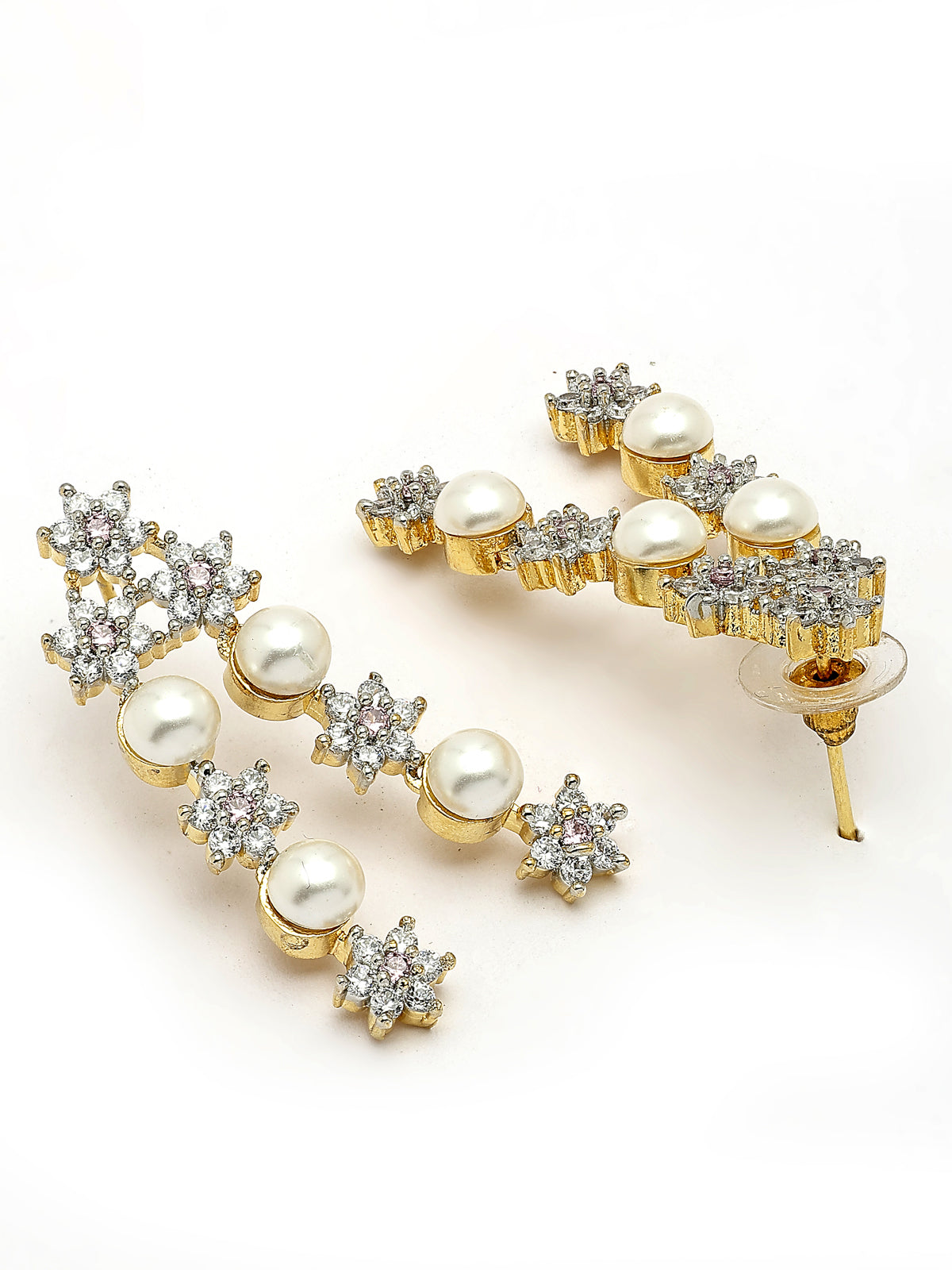 Sukkhi Creative Floral Design Gold Plated with CZ & Pearl Studded White Brass Two Layered Collar Necklace with Drop Earrings Jewellery Set for Women|Latest Stylish Gifts for All Occasions|NS116038