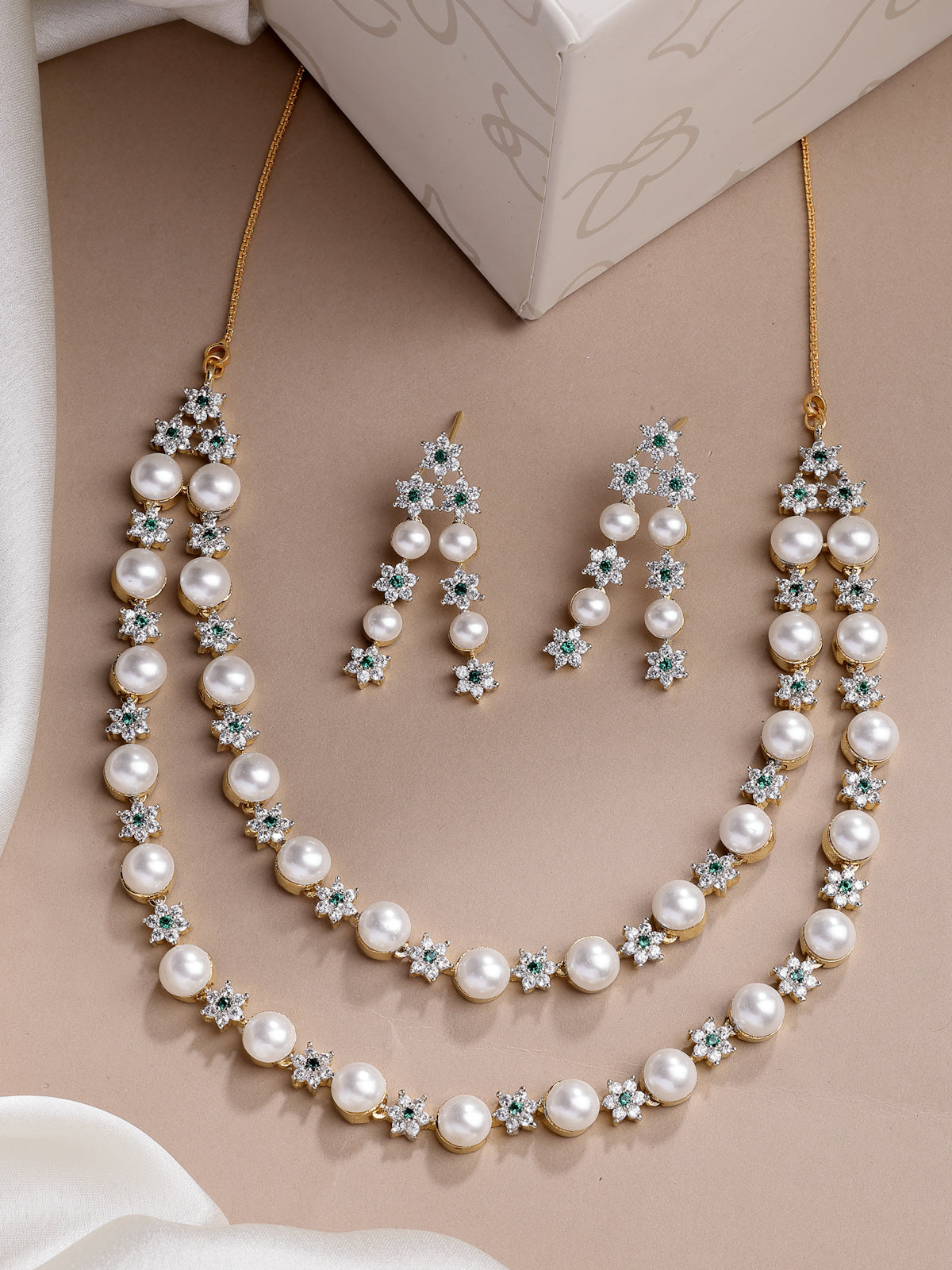 Sukkhi Delicate Floral Design Gold Plated with CZ & Pearl Studded Green Brass Two Layered Collar Necklace with Drop Earrings Jewellery Set for Women|Latest Stylish Gifts for All Occasions|NS116039
