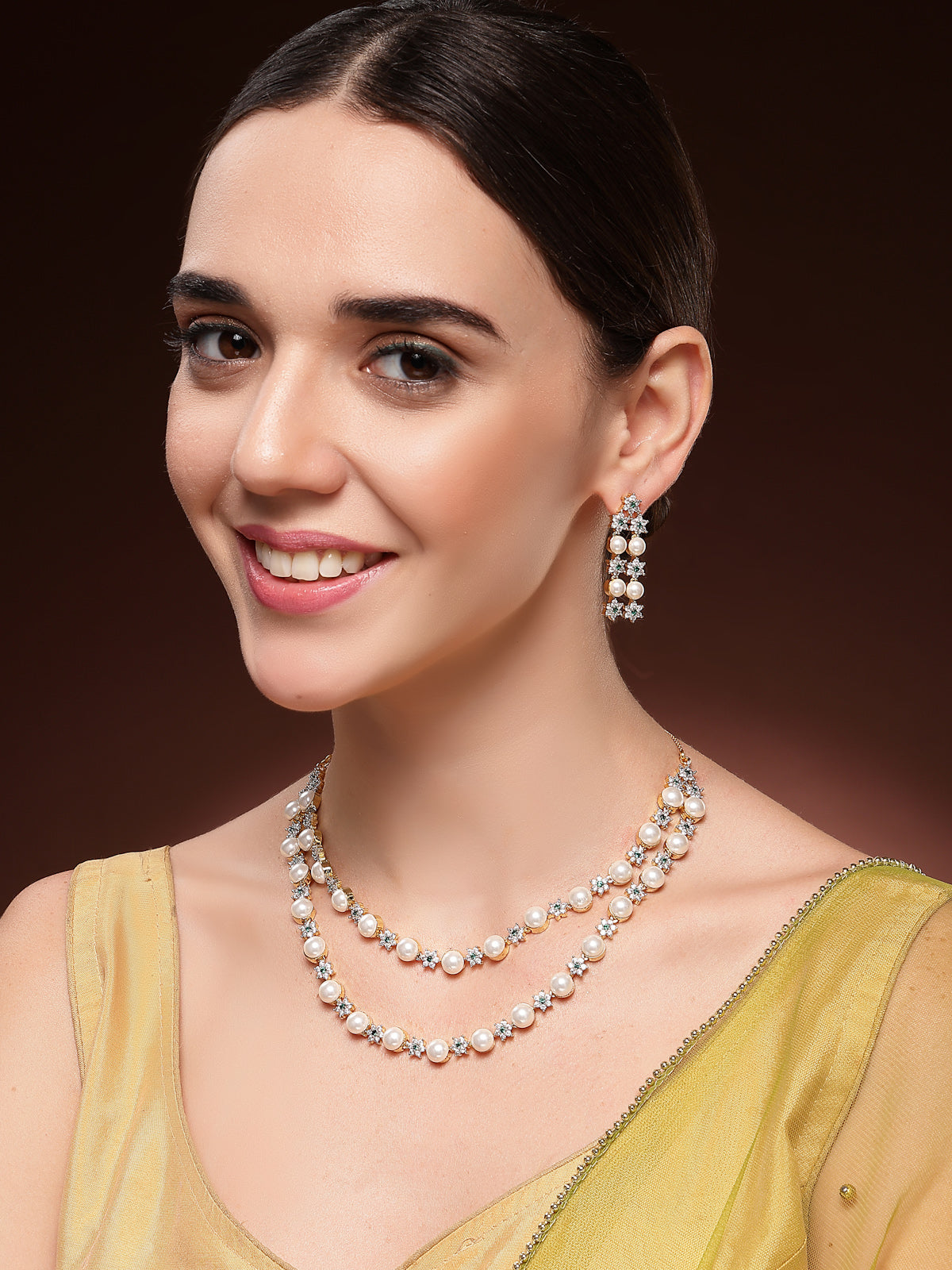 Sukkhi Delicate Floral Design Gold Plated with CZ & Pearl Studded Green Brass Two Layered Collar Necklace with Drop Earrings Jewellery Set for Women|Latest Stylish Gifts for All Occasions|NS116039