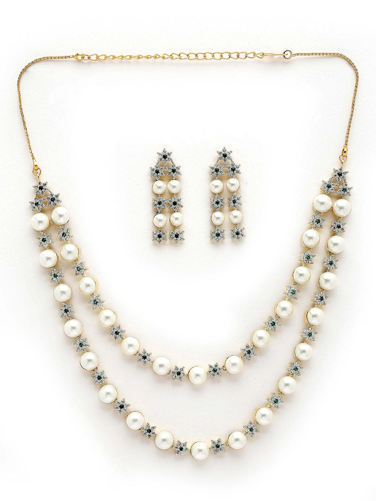 Sukkhi Delicate Floral Design Gold Plated with CZ & Pearl Studded Green Brass Two Layered Collar Necklace with Drop Earrings Jewellery Set for Women|Latest Stylish Gifts for All Occasions|NS116039