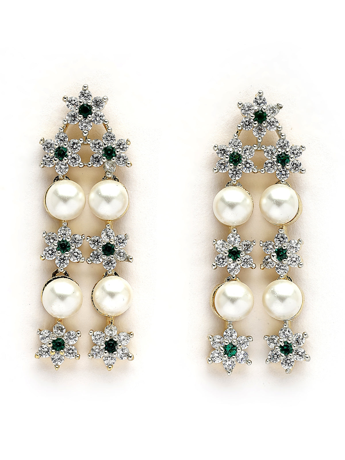 Sukkhi Delicate Floral Design Gold Plated with CZ & Pearl Studded Green Brass Two Layered Collar Necklace with Drop Earrings Jewellery Set for Women|Latest Stylish Gifts for All Occasions|NS116039