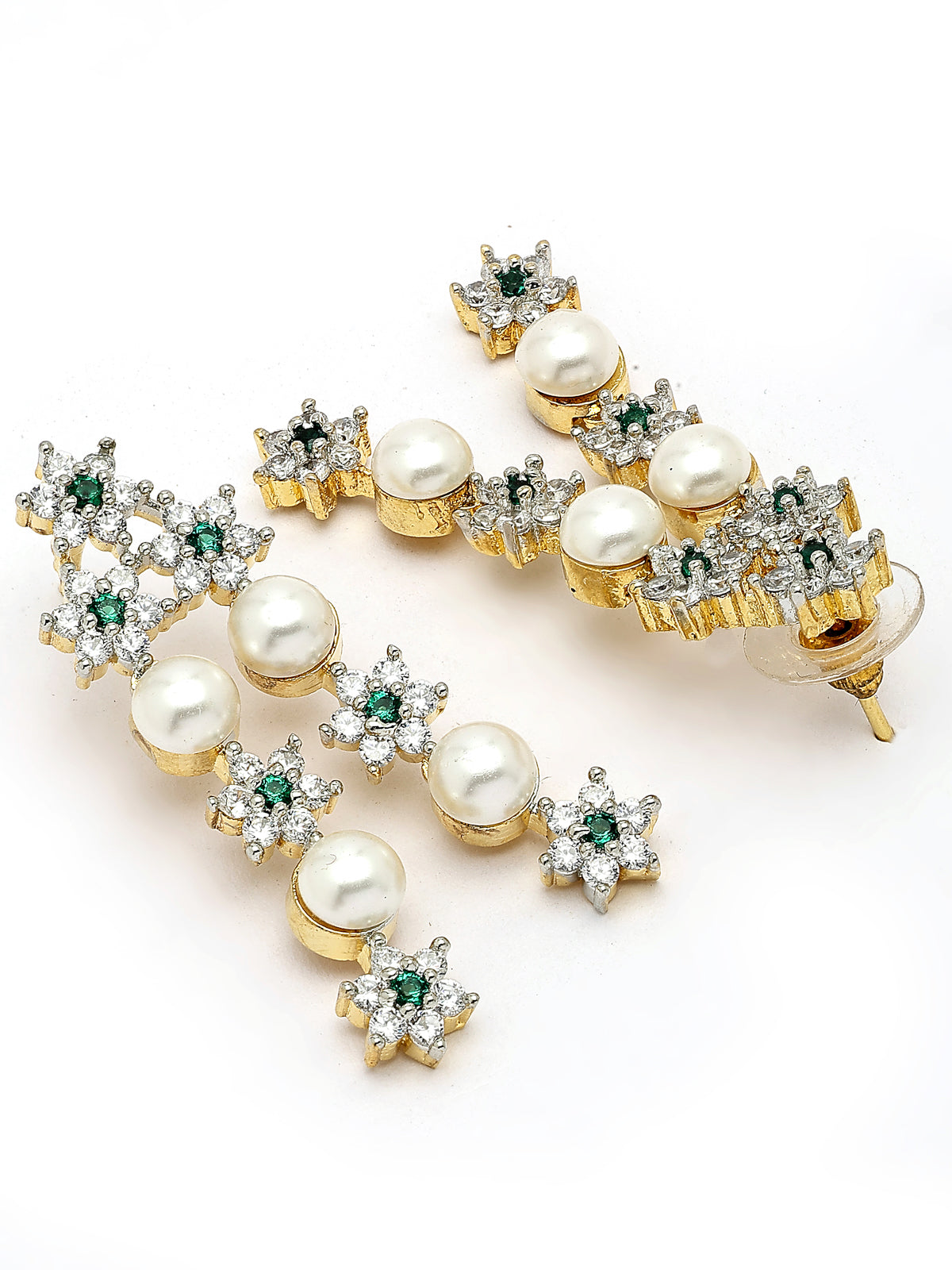 Sukkhi Delicate Floral Design Gold Plated with CZ & Pearl Studded Green Brass Two Layered Collar Necklace with Drop Earrings Jewellery Set for Women|Latest Stylish Gifts for All Occasions|NS116039