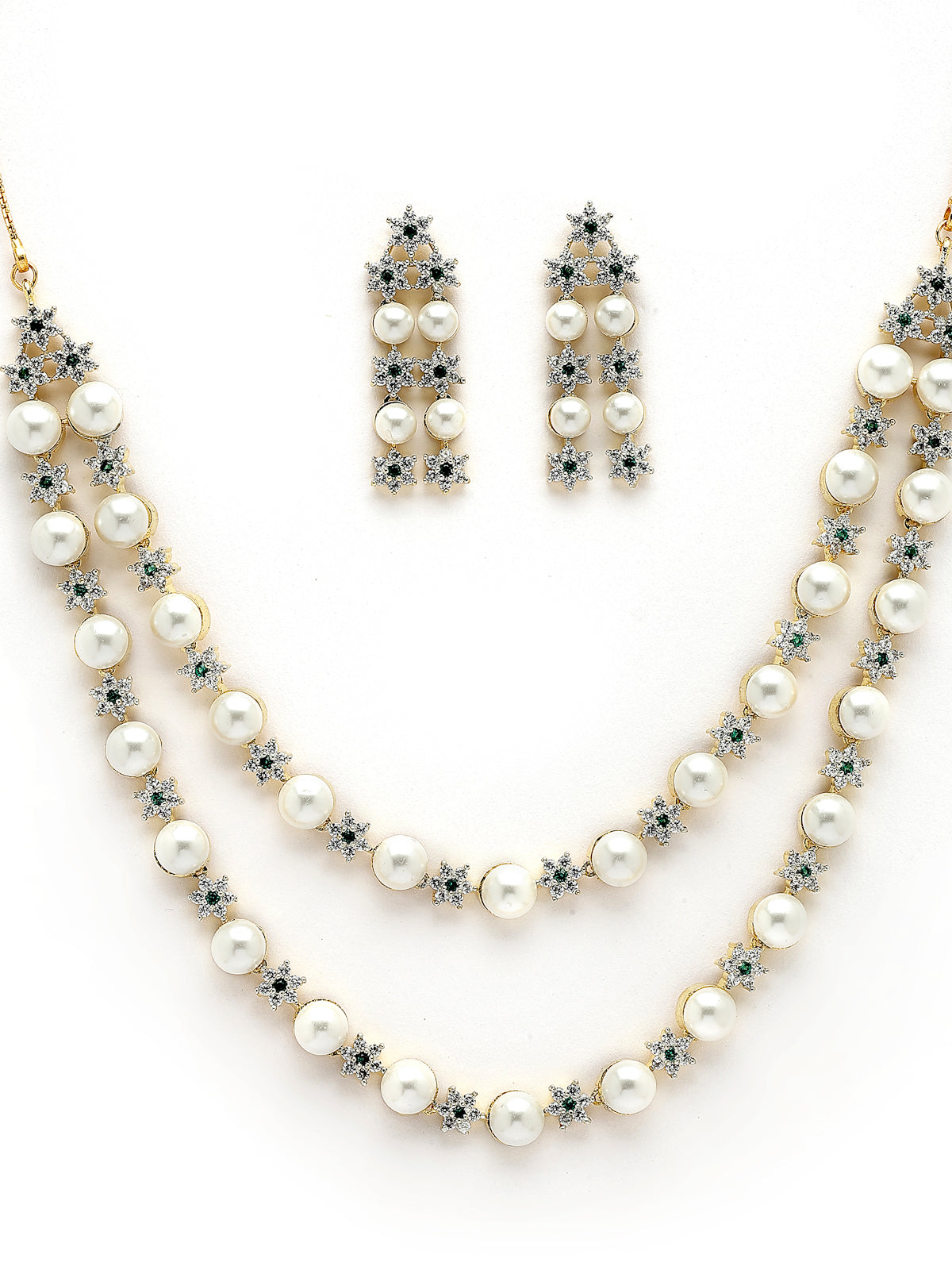 Sukkhi Delicate Floral Design Gold Plated with CZ & Pearl Studded Green Brass Two Layered Collar Necklace with Drop Earrings Jewellery Set for Women|Latest Stylish Gifts for All Occasions|NS116039