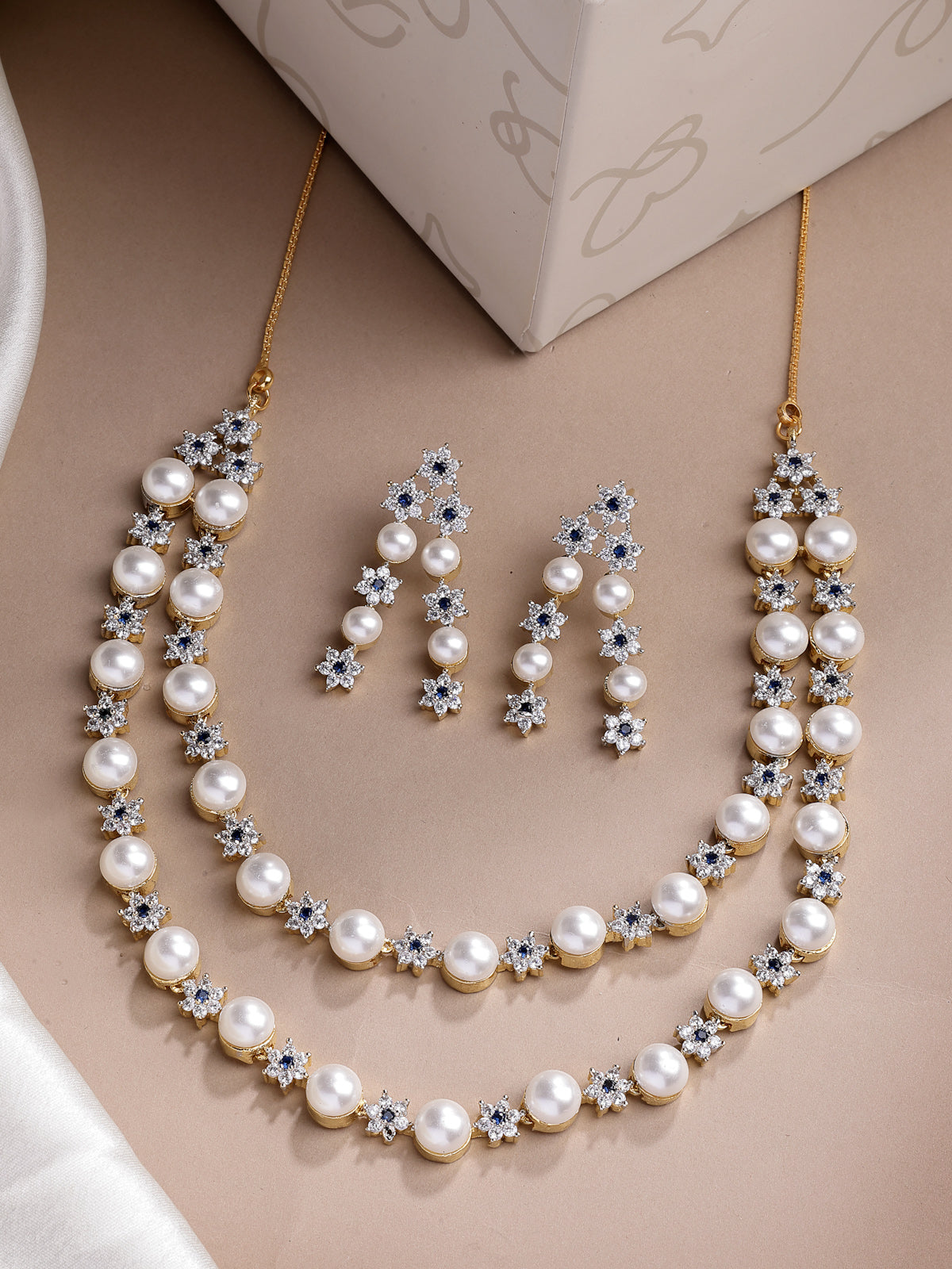 Sukkhi Elegant Blue Floral Design Gold Plated with CZ & Pearl Studded Brass Two Layered Collar Necklace with Drop Earrings Jewellery Set for Women|Latest Stylish Gifts for All Occasions|NS116040