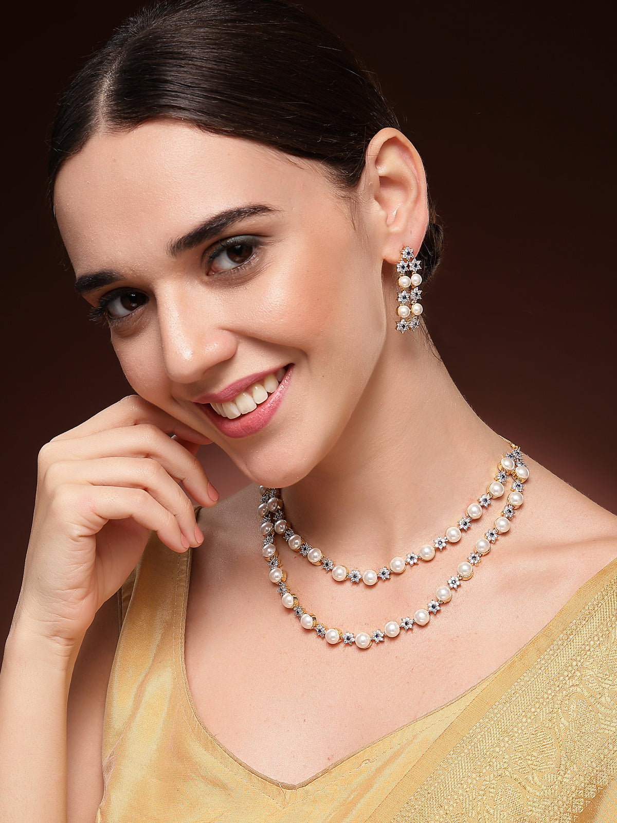 Sukkhi Elegant Blue Floral Design Gold Plated with CZ & Pearl Studded Brass Two Layered Collar Necklace with Drop Earrings Jewellery Set for Women|Latest Stylish Gifts for All Occasions|NS116040