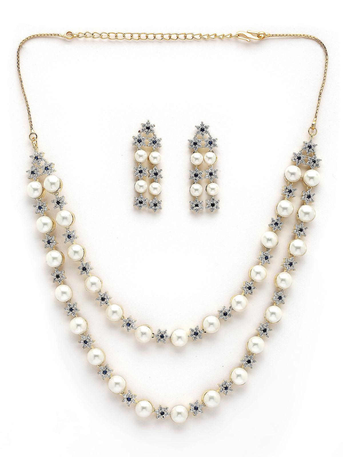 Sukkhi Elegant Blue Floral Design Gold Plated with CZ & Pearl Studded Brass Two Layered Collar Necklace with Drop Earrings Jewellery Set for Women|Latest Stylish Gifts for All Occasions|NS116040