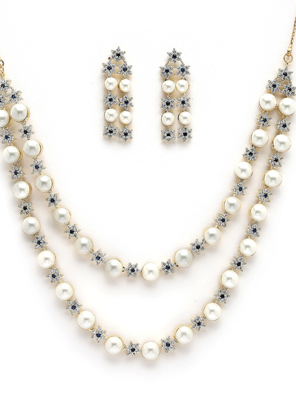 Sukkhi Elegant Blue Floral Design Gold Plated with CZ & Pearl Studded Brass Two Layered Collar Necklace with Drop Earrings Jewellery Set for Women|Latest Stylish Gifts for All Occasions|NS116040