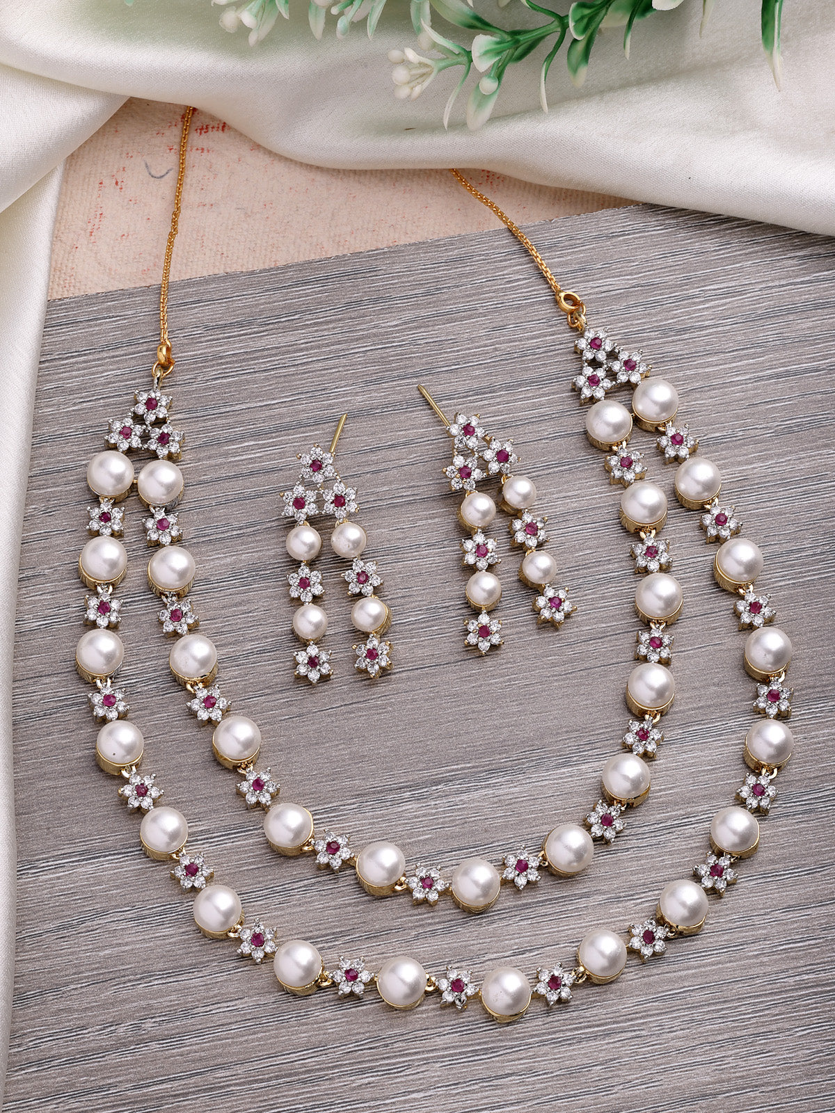 Sukkhi Beautiful Red Floral Design Gold Plated with CZ & Pearl Studded Brass Two Layered Collar Necklace with Drop Earrings Jewellery Set for Women|Latest Stylish Gifts for All Occasions|NS116041