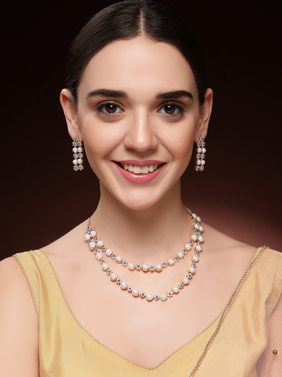 Sukkhi Beautiful Red Floral Design Gold Plated with CZ & Pearl Studded Brass Two Layered Collar Necklace with Drop Earrings Jewellery Set for Women|Latest Stylish Gifts for All Occasions|NS116041