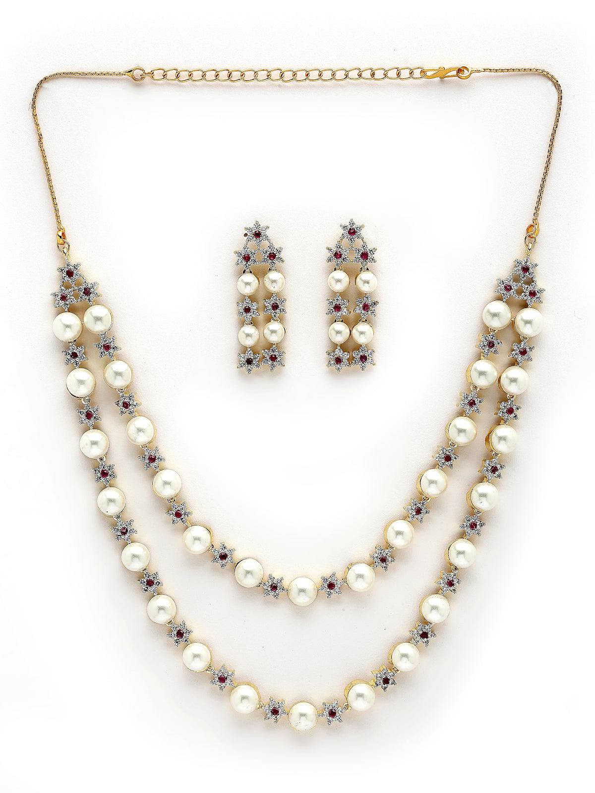 Sukkhi Beautiful Red Floral Design Gold Plated with CZ & Pearl Studded Brass Two Layered Collar Necklace with Drop Earrings Jewellery Set for Women|Latest Stylish Gifts for All Occasions|NS116041