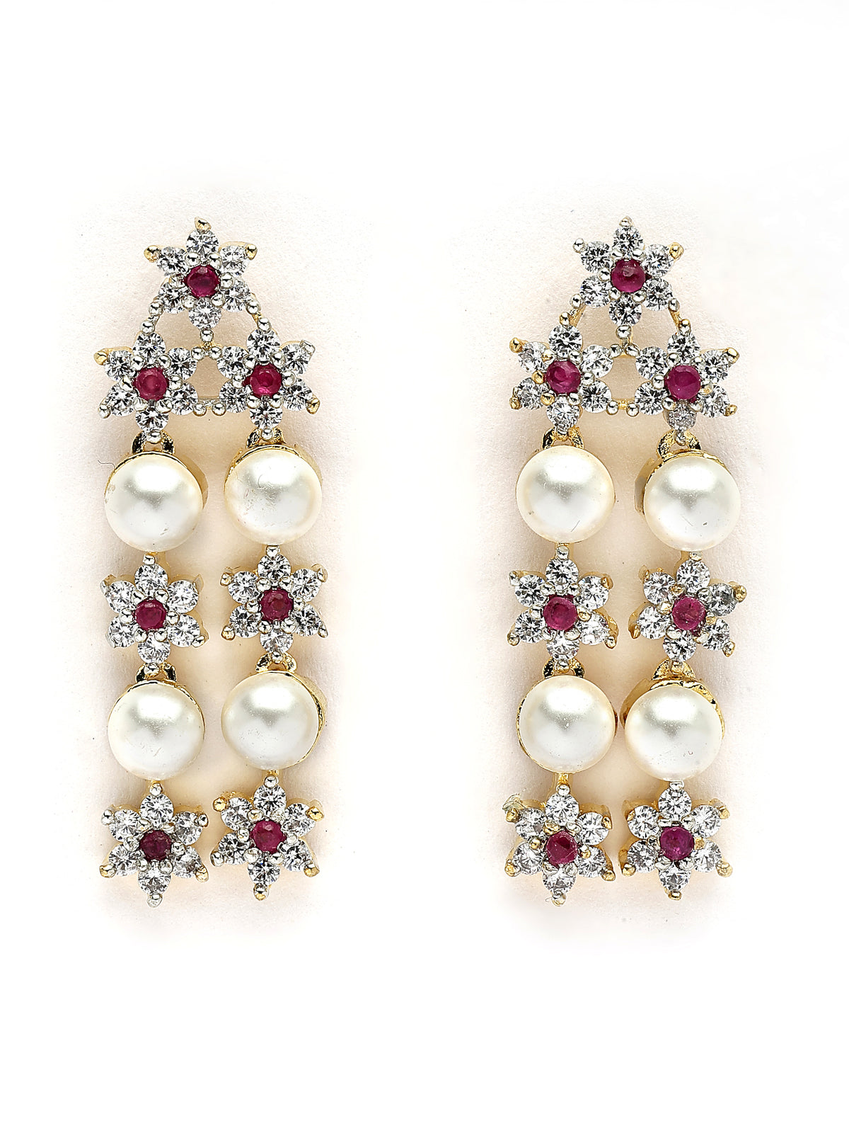 Sukkhi Beautiful Red Floral Design Gold Plated with CZ & Pearl Studded Brass Two Layered Collar Necklace with Drop Earrings Jewellery Set for Women|Latest Stylish Gifts for All Occasions|NS116041