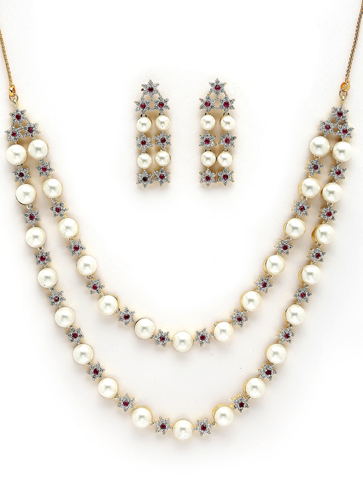 Sukkhi Beautiful Red Floral Design Gold Plated with CZ & Pearl Studded Brass Two Layered Collar Necklace with Drop Earrings Jewellery Set for Women|Latest Stylish Gifts for All Occasions|NS116041