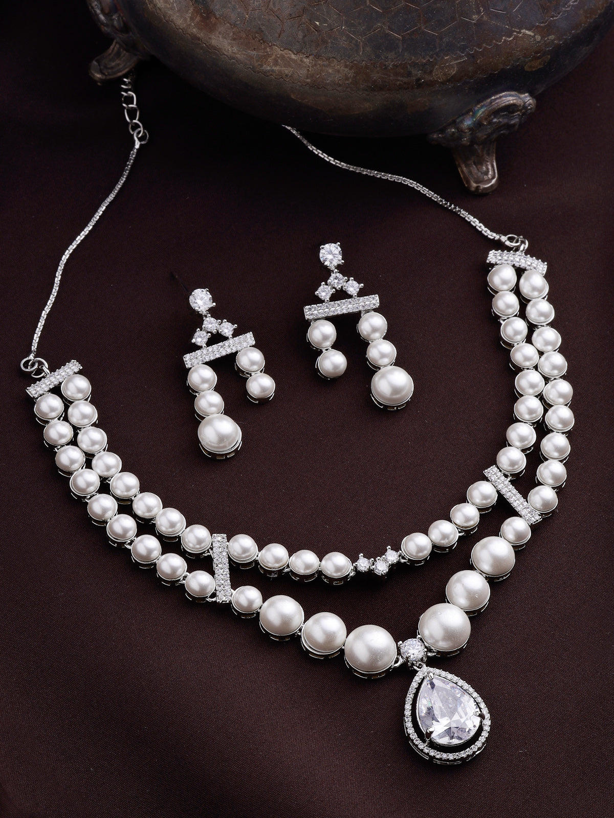 Sukkhi Classic Pear Design Rhodium Plated with CZ & Pearl Studded Brass White Two Layered Collar Necklace with Drop Earrings Jewellery Set for Women|Latest Stylish Gifts for All Occasions|NS116042