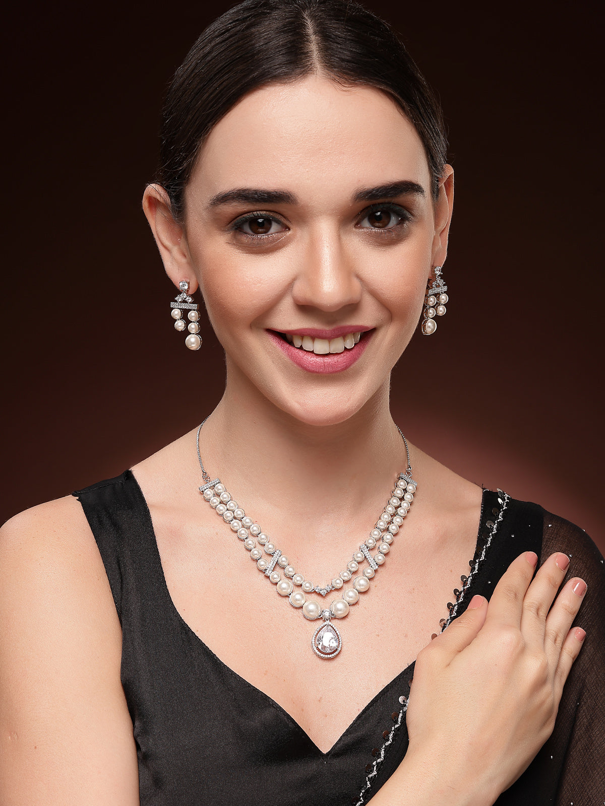 Sukkhi Classic Pear Design Rhodium Plated with CZ & Pearl Studded Brass White Two Layered Collar Necklace with Drop Earrings Jewellery Set for Women|Latest Stylish Gifts for All Occasions|NS116042
