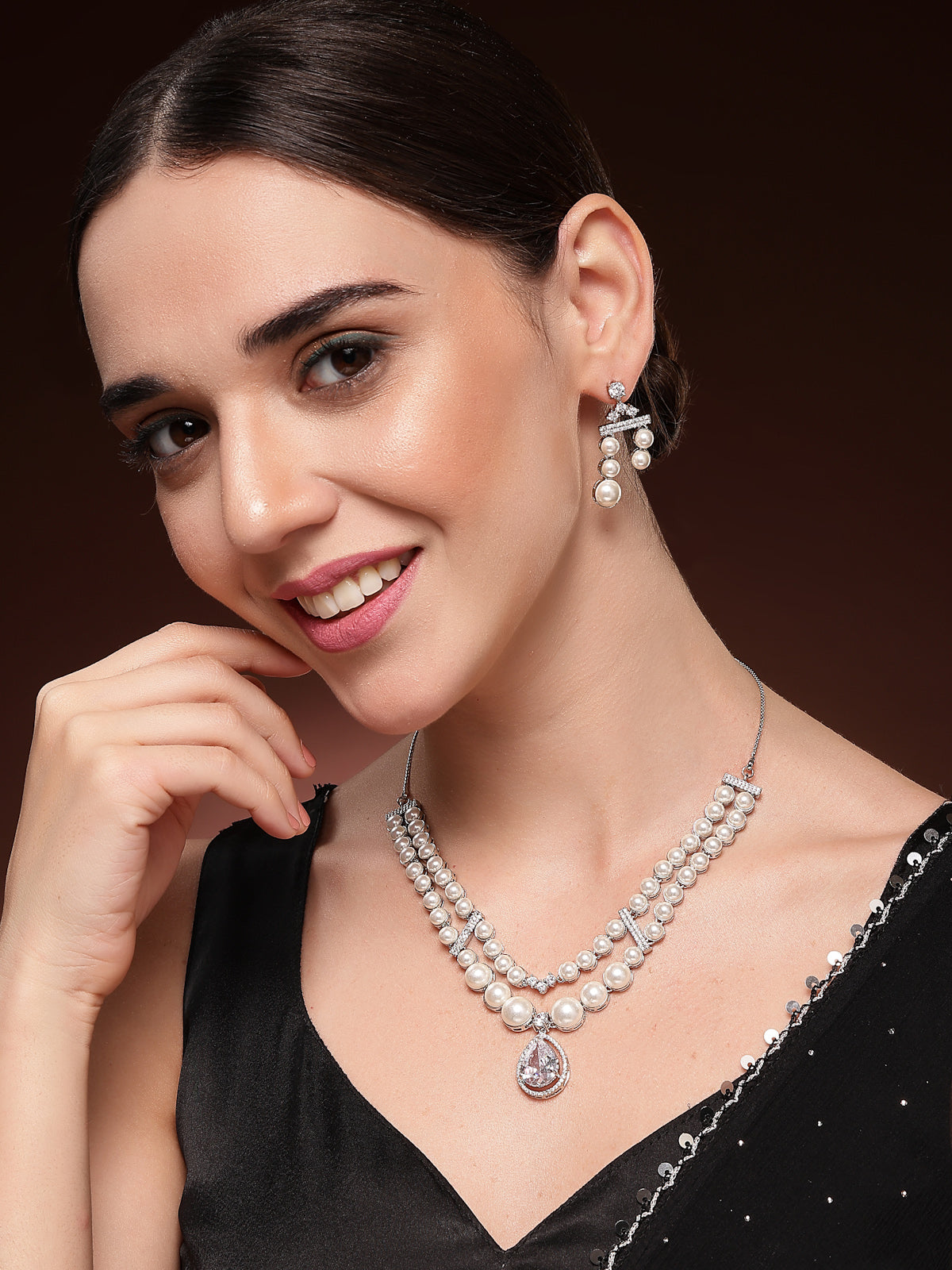 Sukkhi Classic Pear Design Rhodium Plated with CZ & Pearl Studded Brass White Two Layered Collar Necklace with Drop Earrings Jewellery Set for Women|Latest Stylish Gifts for All Occasions|NS116042