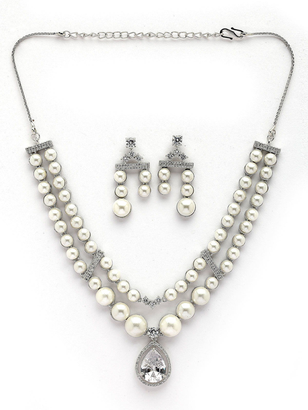Sukkhi Classic Pear Design Rhodium Plated with CZ & Pearl Studded Brass White Two Layered Collar Necklace with Drop Earrings Jewellery Set for Women|Latest Stylish Gifts for All Occasions|NS116042