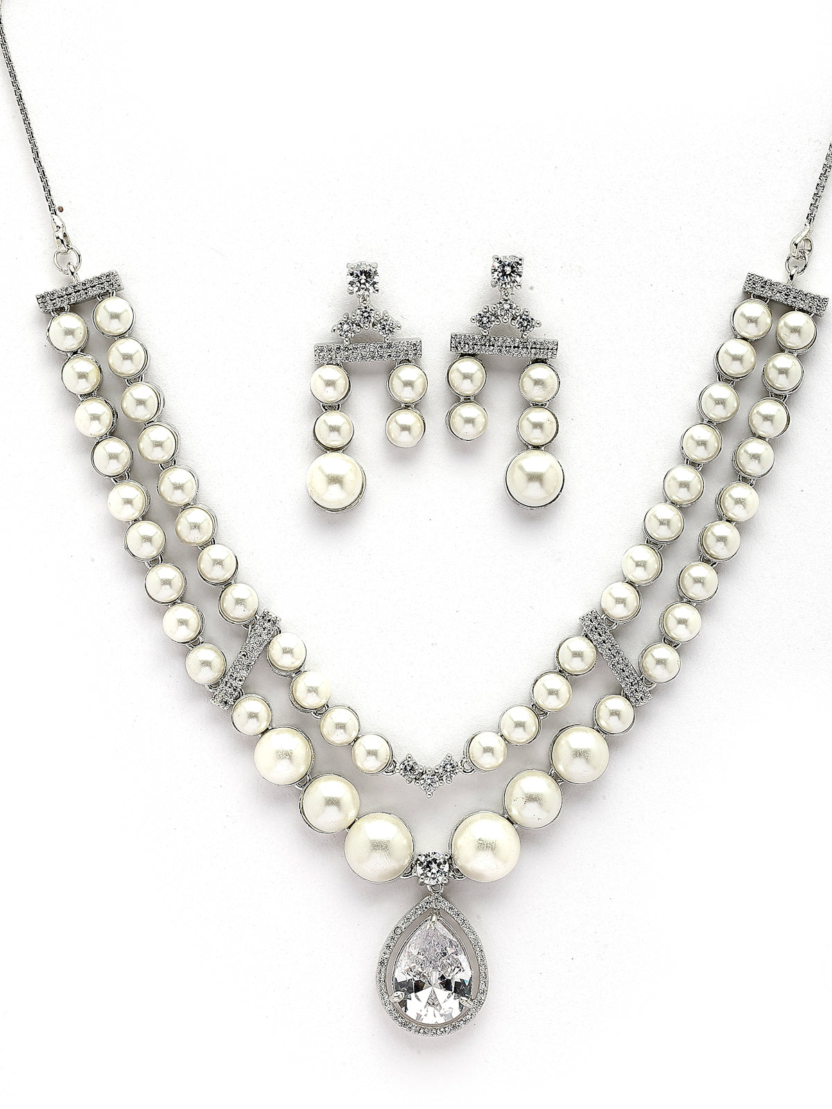 Sukkhi Classic Pear Design Rhodium Plated with CZ & Pearl Studded Brass White Two Layered Collar Necklace with Drop Earrings Jewellery Set for Women|Latest Stylish Gifts for All Occasions|NS116042