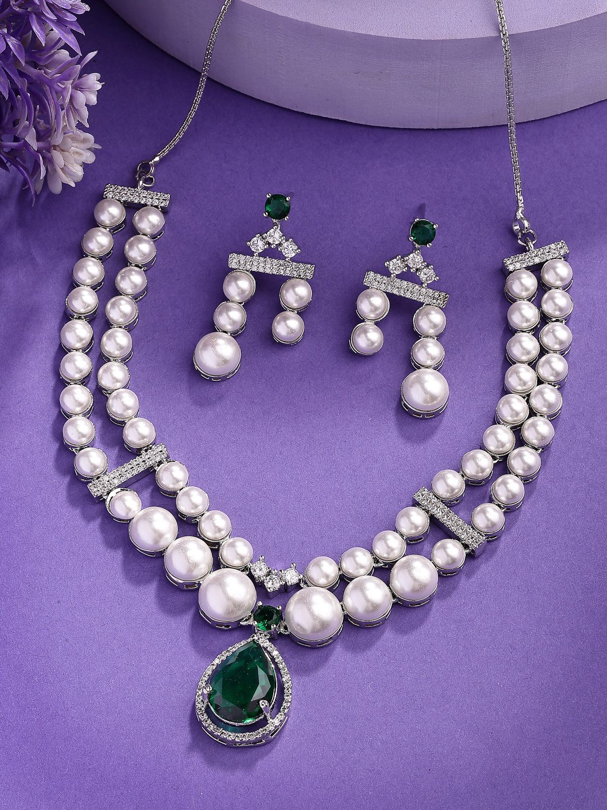 Sukkhi Elegant Green Pear Design Rhodium Plated with CZ & Pearl Studded Brass Two Layered Collar Necklace with Drop Earrings Jewellery Set for Women|Latest Stylish Gifts for All Occasions|NS116043