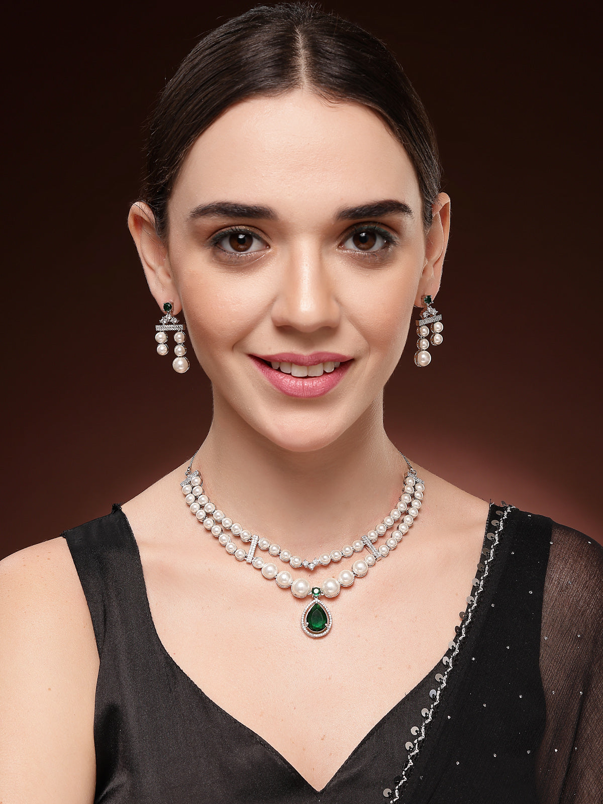 Sukkhi Elegant Green Pear Design Rhodium Plated with CZ & Pearl Studded Brass Two Layered Collar Necklace with Drop Earrings Jewellery Set for Women|Latest Stylish Gifts for All Occasions|NS116043