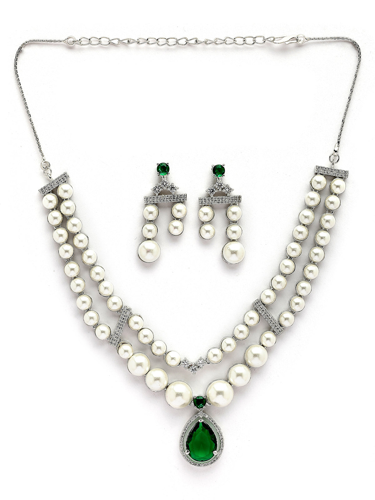 Sukkhi Elegant Green Pear Design Rhodium Plated with CZ & Pearl Studded Brass Two Layered Collar Necklace with Drop Earrings Jewellery Set for Women|Latest Stylish Gifts for All Occasions|NS116043