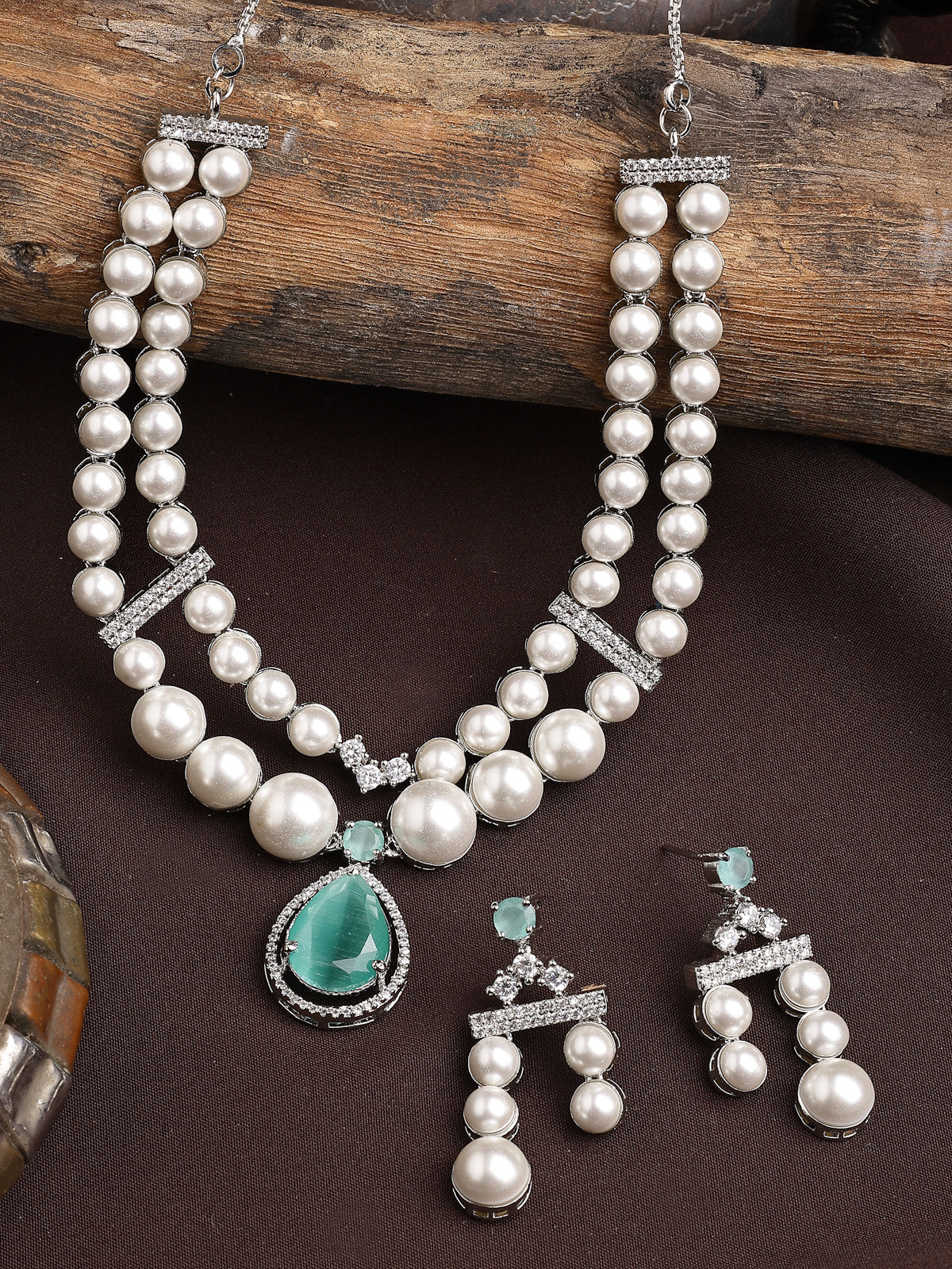 Sukkhi Seaside Pear Design Rhodium Plated with CZ & Pearl Studded Brass Mint Green Two Layered Collar Necklace & Drop Earrings Jewellery Set for Women|Latest Stylish Gifts for All Occasions|NS116044