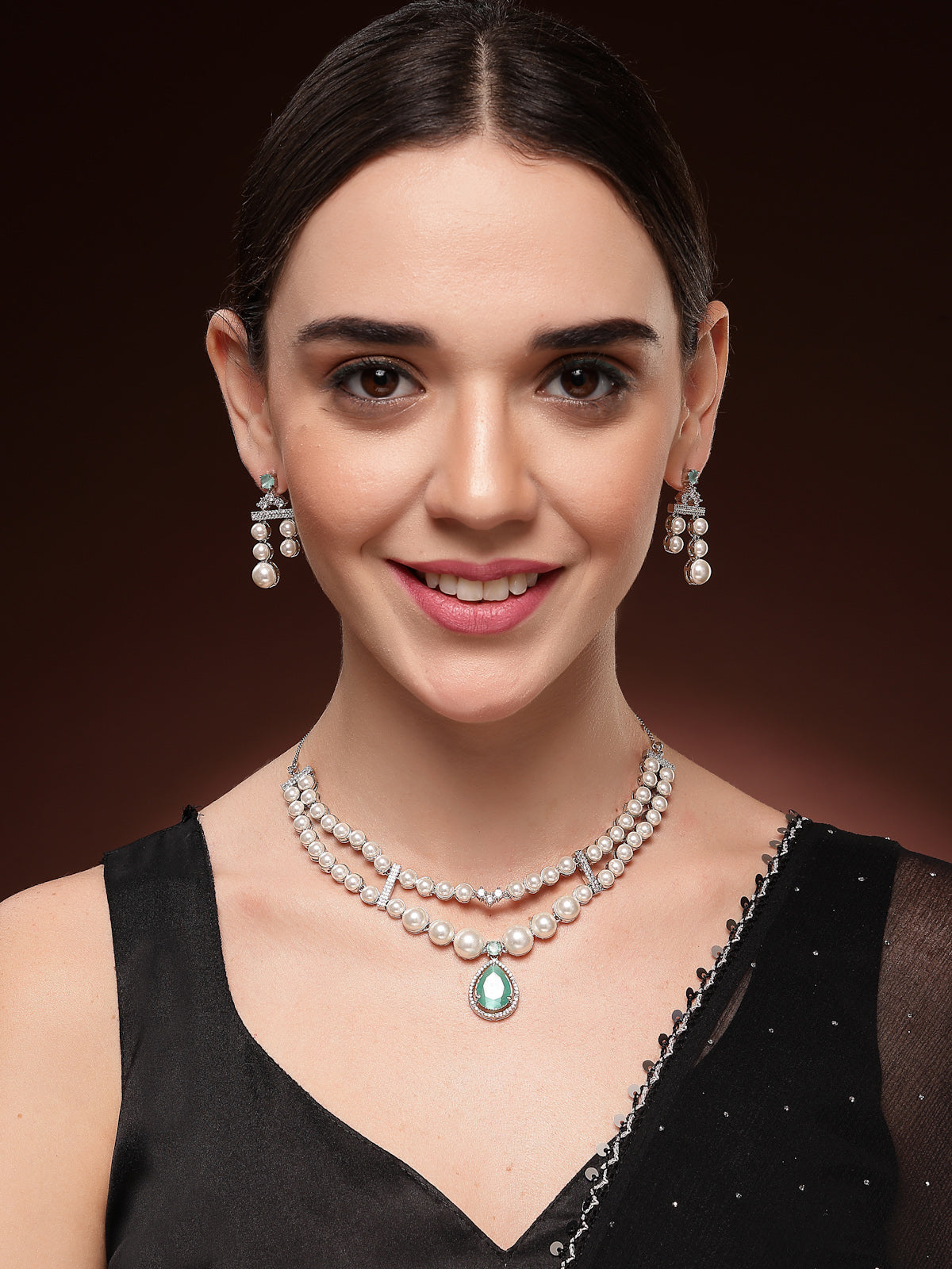 Sukkhi Seaside Pear Design Rhodium Plated with CZ & Pearl Studded Brass Mint Green Two Layered Collar Necklace & Drop Earrings Jewellery Set for Women|Latest Stylish Gifts for All Occasions|NS116044