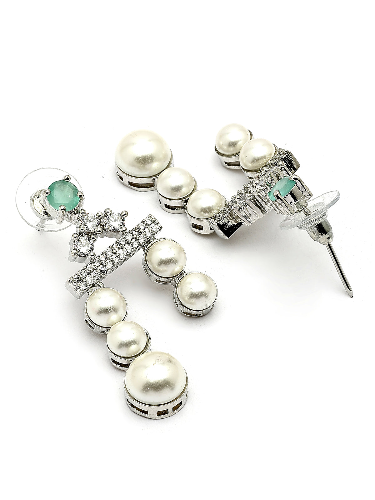 Sukkhi Seaside Pear Design Rhodium Plated with CZ & Pearl Studded Brass Mint Green Two Layered Collar Necklace & Drop Earrings Jewellery Set for Women|Latest Stylish Gifts for All Occasions|NS116044