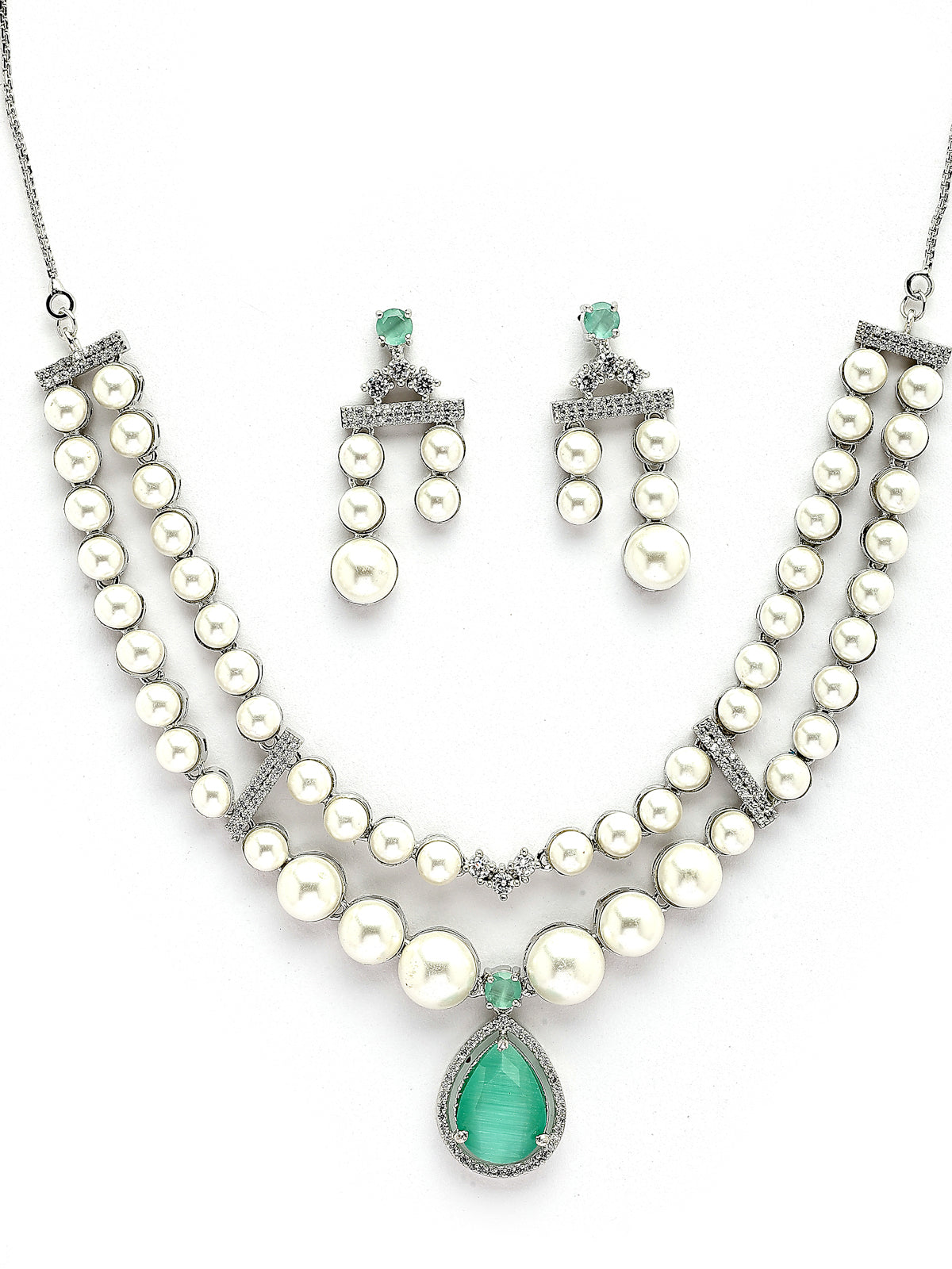 Sukkhi Seaside Pear Design Rhodium Plated with CZ & Pearl Studded Brass Mint Green Two Layered Collar Necklace & Drop Earrings Jewellery Set for Women|Latest Stylish Gifts for All Occasions|NS116044
