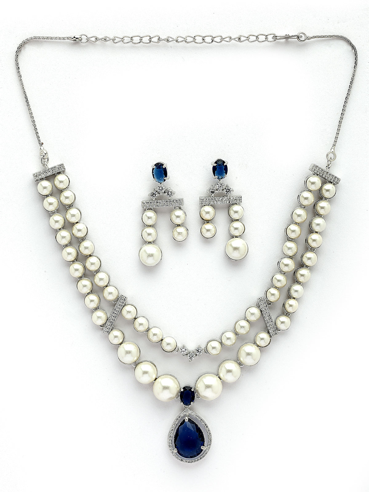 Sukkhi Vintage Pear Design Rhodium Plated with CZ & Pearl Studded Brass Silver Blue Two Layered Collar Necklace & Drop Earrings Jewellery Set for Women|Latest Stylish Gifts for All Occasions|NS116045