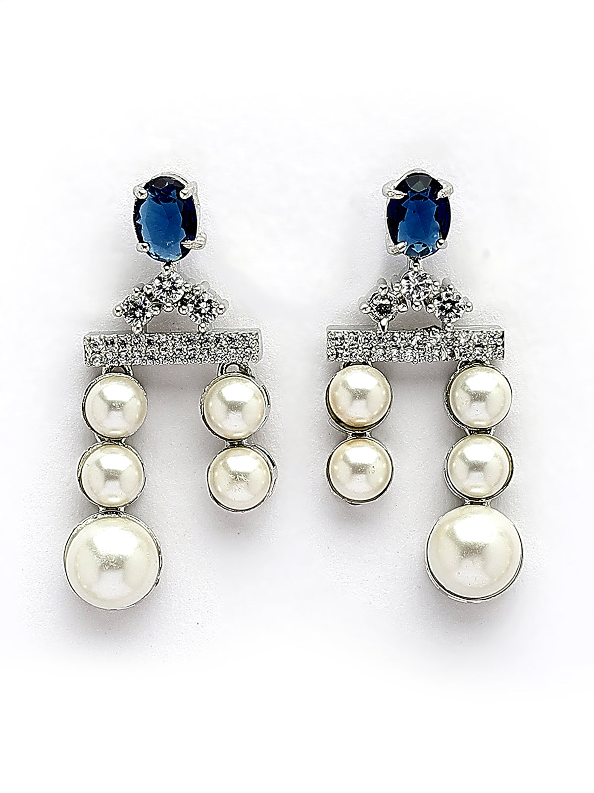 Sukkhi Vintage Pear Design Rhodium Plated with CZ & Pearl Studded Brass Silver Blue Two Layered Collar Necklace & Drop Earrings Jewellery Set for Women|Latest Stylish Gifts for All Occasions|NS116045
