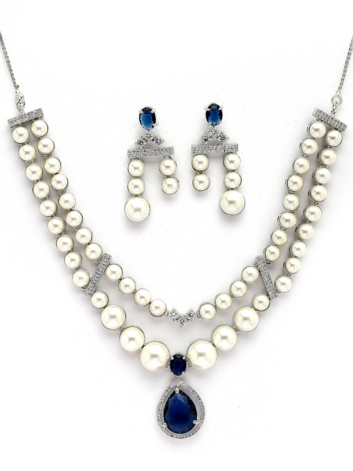 Sukkhi Vintage Pear Design Rhodium Plated with CZ & Pearl Studded Brass Silver Blue Two Layered Collar Necklace & Drop Earrings Jewellery Set for Women|Latest Stylish Gifts for All Occasions|NS116045