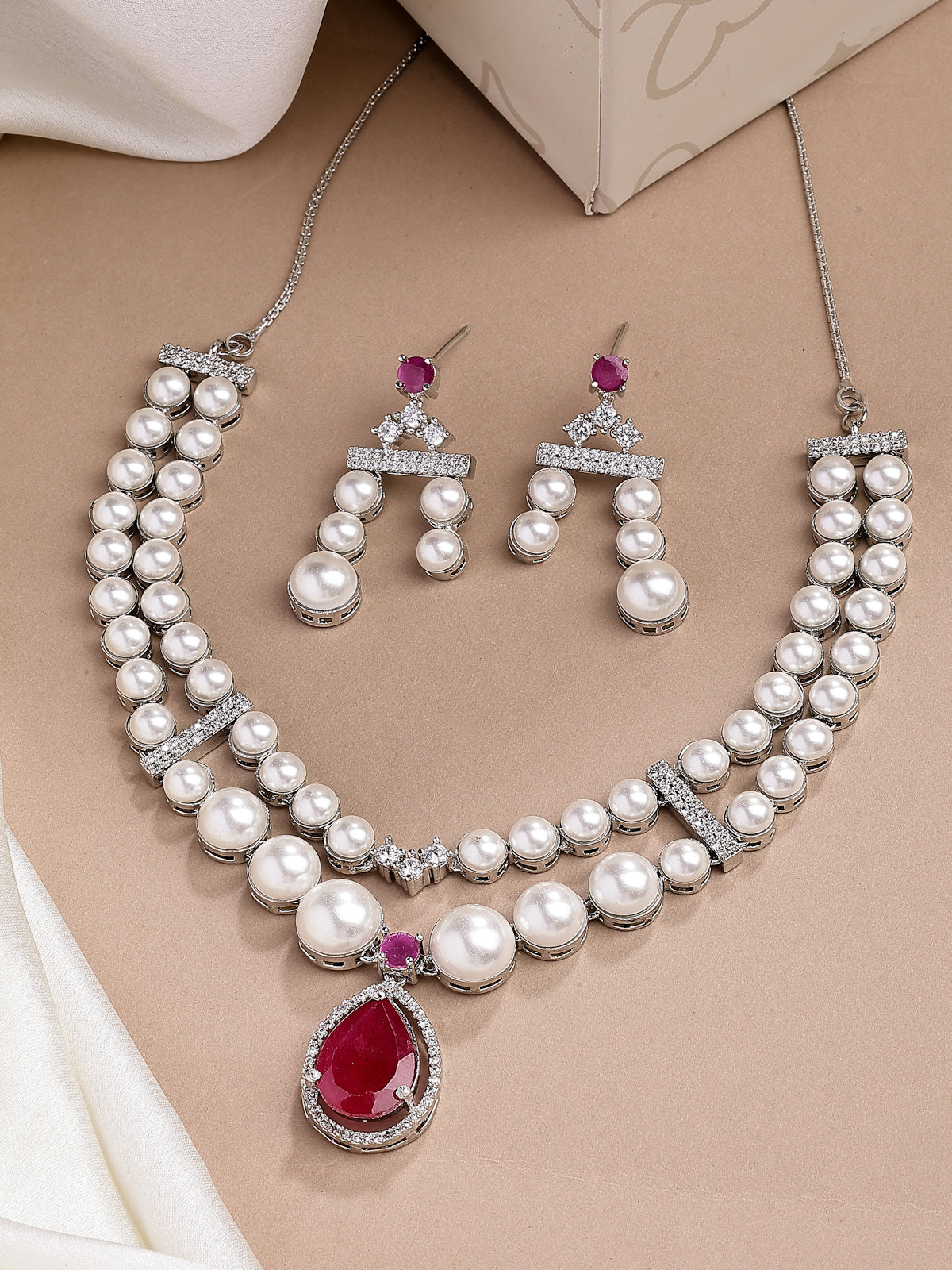 Sukkhi Pretty Red Pear Design Rhodium Plated with CZ & Pearl Studded Brass Two Layered Collar Necklace With Drop Earrings Jewellery Set for Women|Latest Stylish Gifts for All Occasions|NS116046