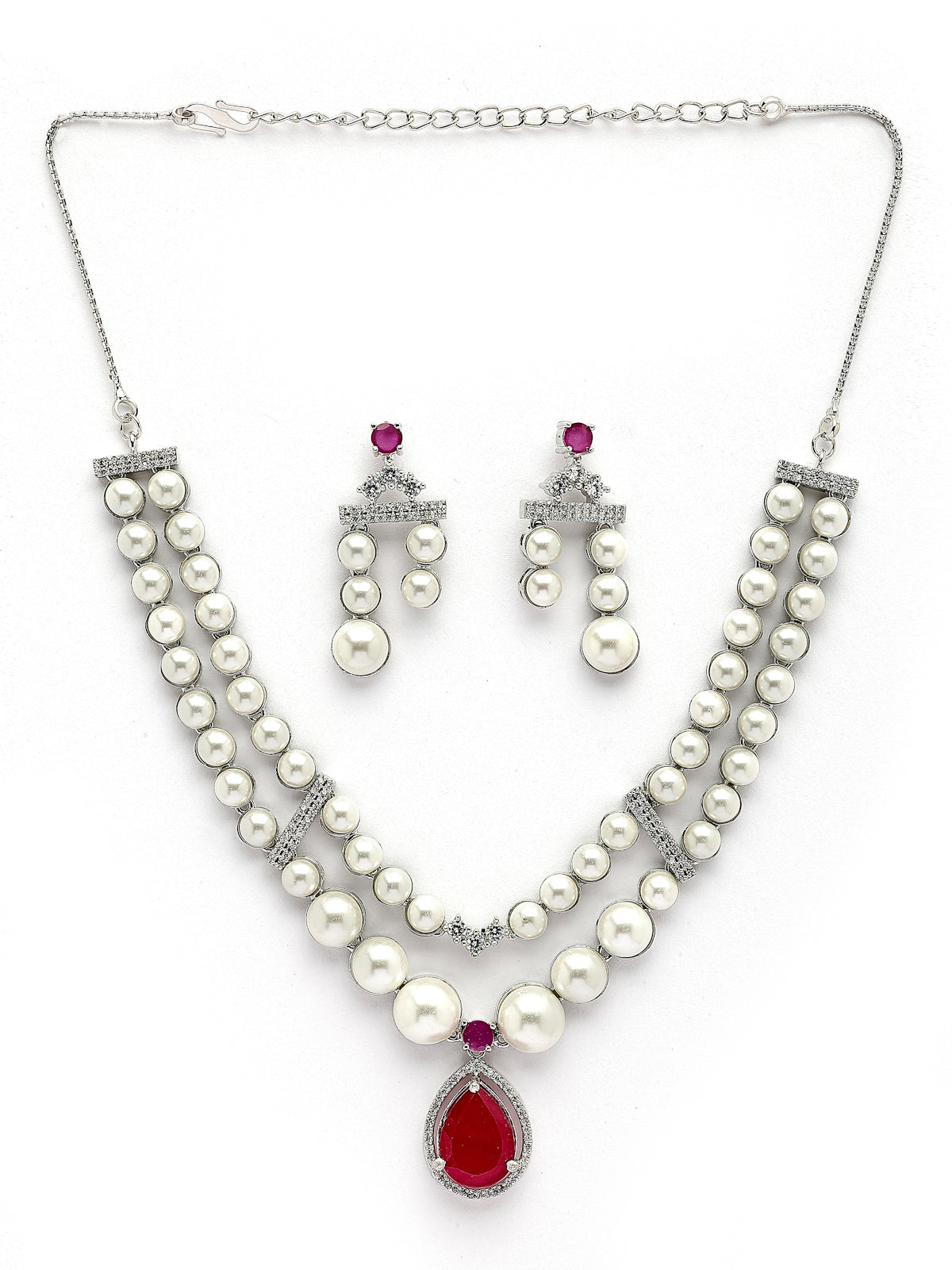 Sukkhi Pretty Red Pear Design Rhodium Plated with CZ & Pearl Studded Brass Two Layered Collar Necklace With Drop Earrings Jewellery Set for Women|Latest Stylish Gifts for All Occasions|NS116046