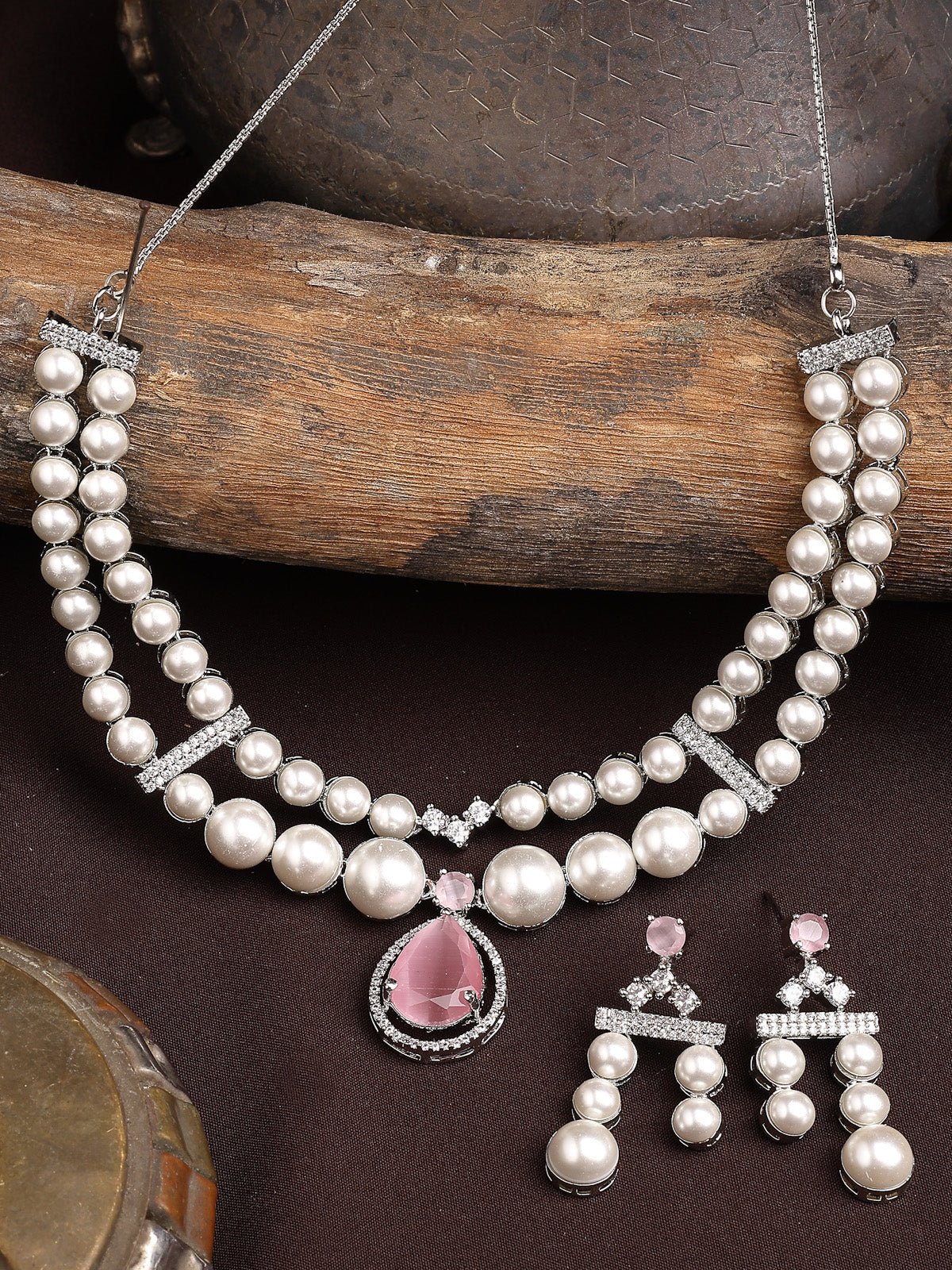 Sukkhi lovely Pink Pear Design Rhodium Plated with CZ & Pearl Studded Brass Two Layered Collar Necklace with Drop Earrings Jewellery Set for Women|Latest Stylish Gifts for All Occasions|NS116047
