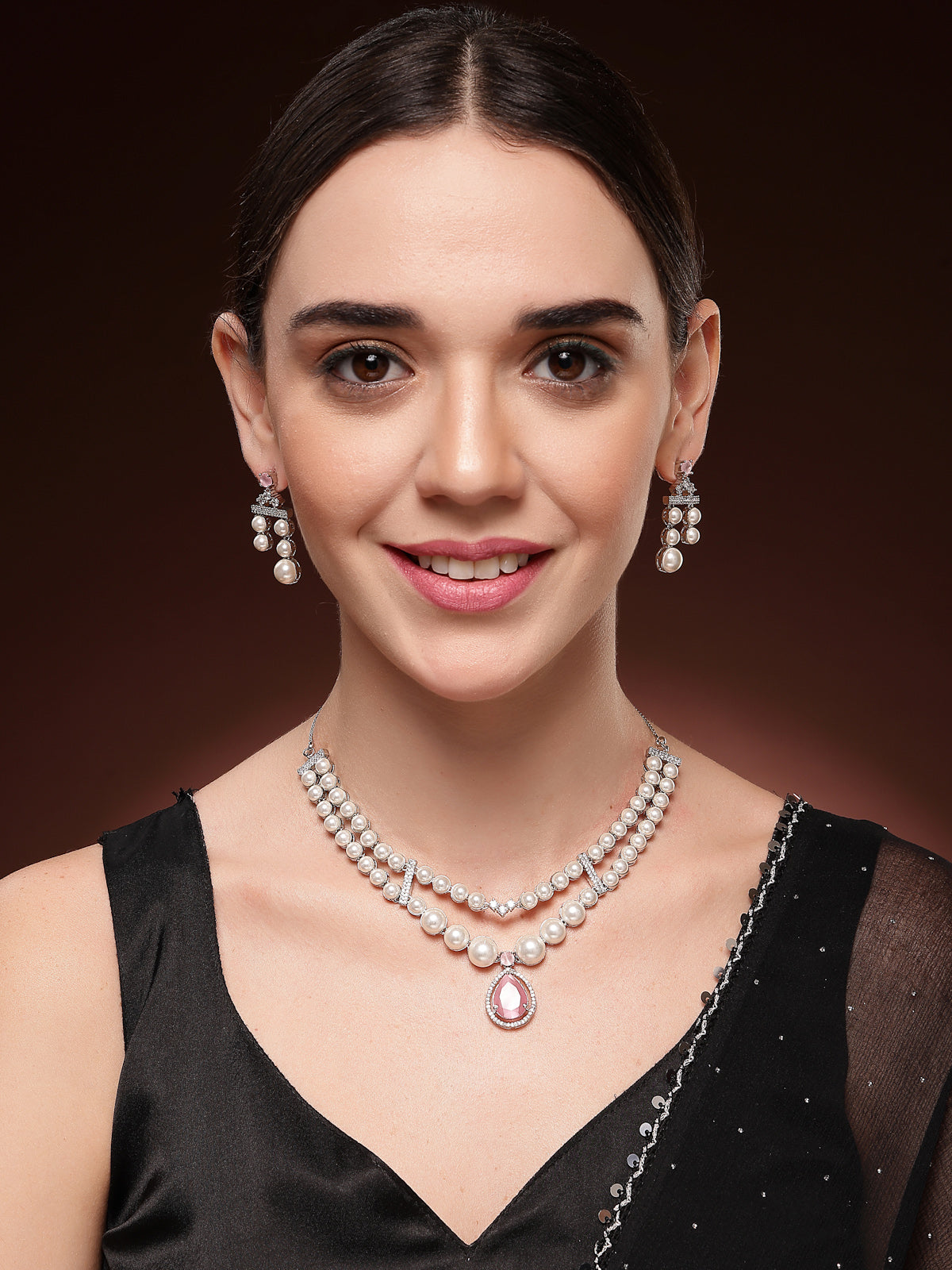 Sukkhi lovely Pink Pear Design Rhodium Plated with CZ & Pearl Studded Brass Two Layered Collar Necklace with Drop Earrings Jewellery Set for Women|Latest Stylish Gifts for All Occasions|NS116047