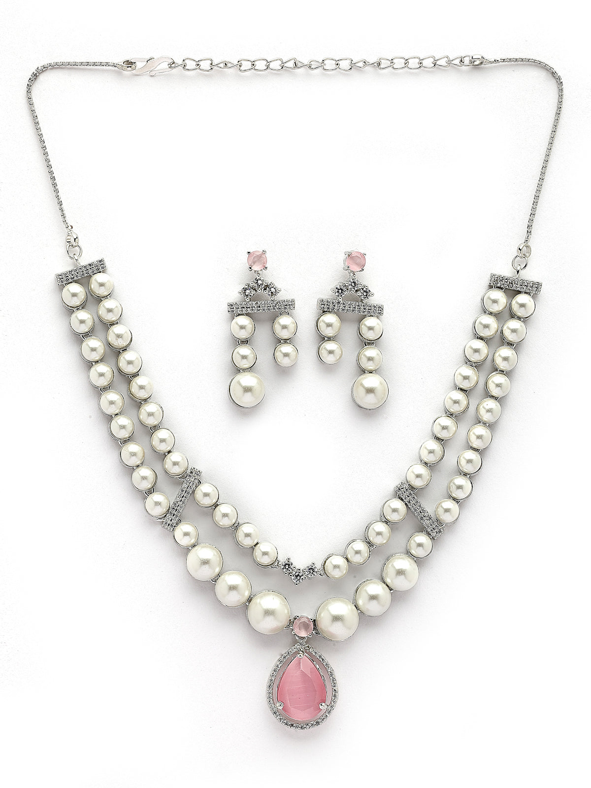 Sukkhi lovely Pink Pear Design Rhodium Plated with CZ & Pearl Studded Brass Two Layered Collar Necklace with Drop Earrings Jewellery Set for Women|Latest Stylish Gifts for All Occasions|NS116047