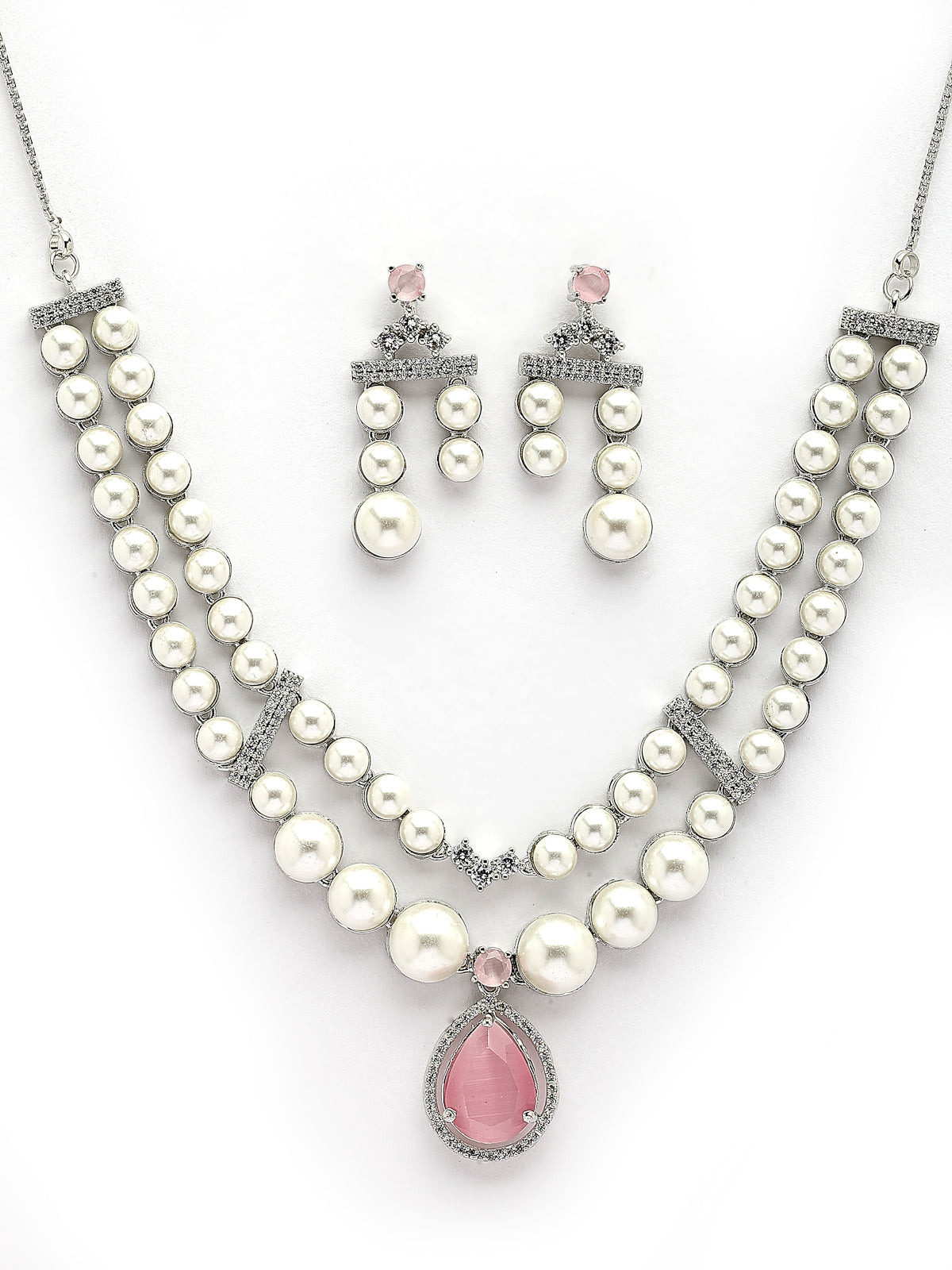 Sukkhi lovely Pink Pear Design Rhodium Plated with CZ & Pearl Studded Brass Two Layered Collar Necklace with Drop Earrings Jewellery Set for Women|Latest Stylish Gifts for All Occasions|NS116047