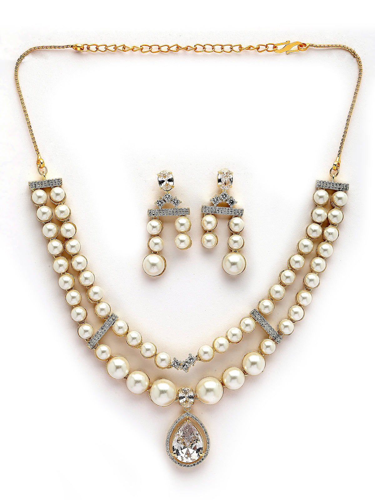 Sukkhi Awesome Stylish Pear Design Gold Plated with CZ & Pearl Studded White Brass Two Layered Collar Necklace & Drop Earrings Jewellery Set for Women|Latest Stylish Gifts for All Occasions|NS116048
