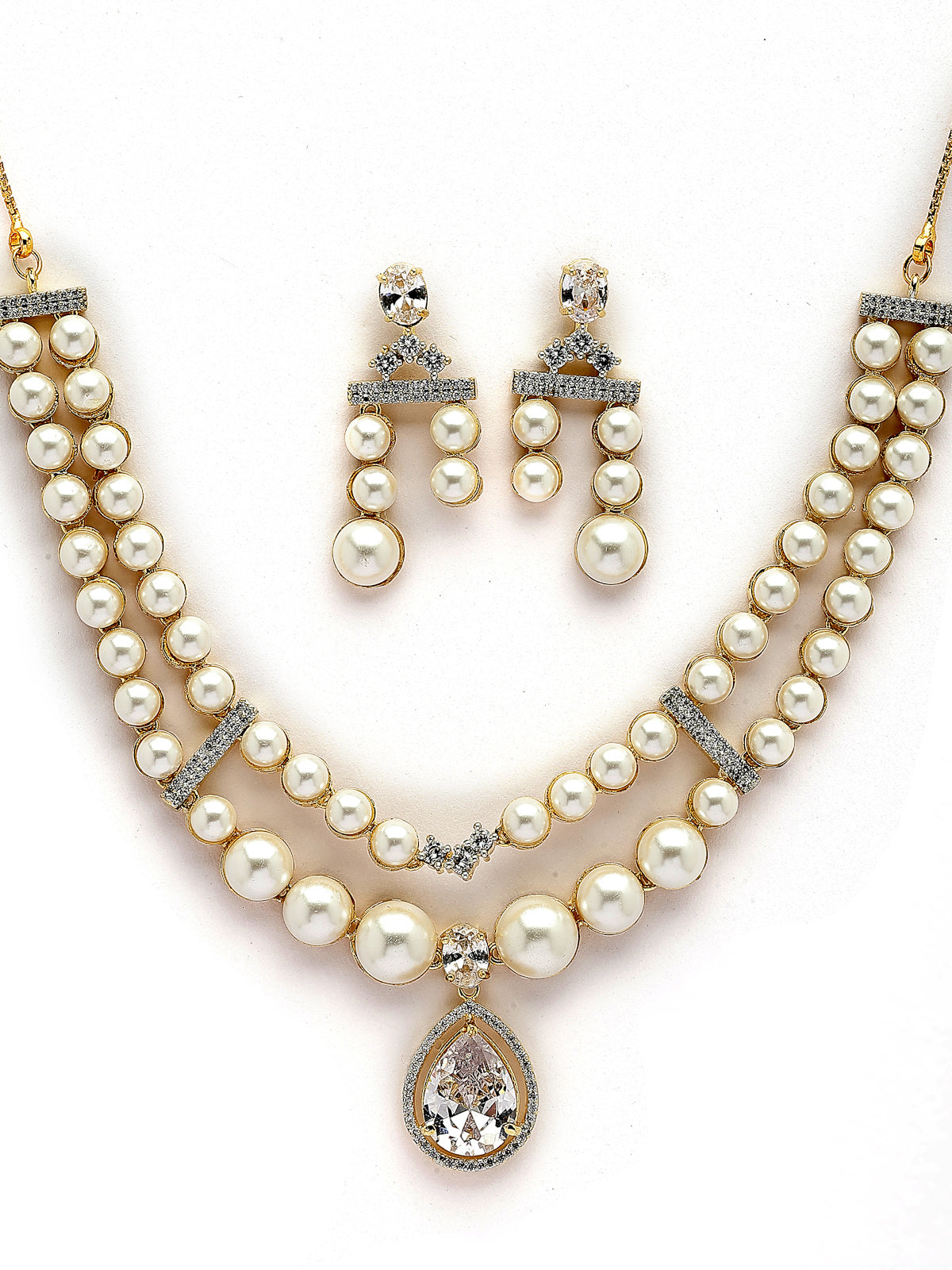 Sukkhi Awesome Stylish Pear Design Gold Plated with CZ & Pearl Studded White Brass Two Layered Collar Necklace & Drop Earrings Jewellery Set for Women|Latest Stylish Gifts for All Occasions|NS116048
