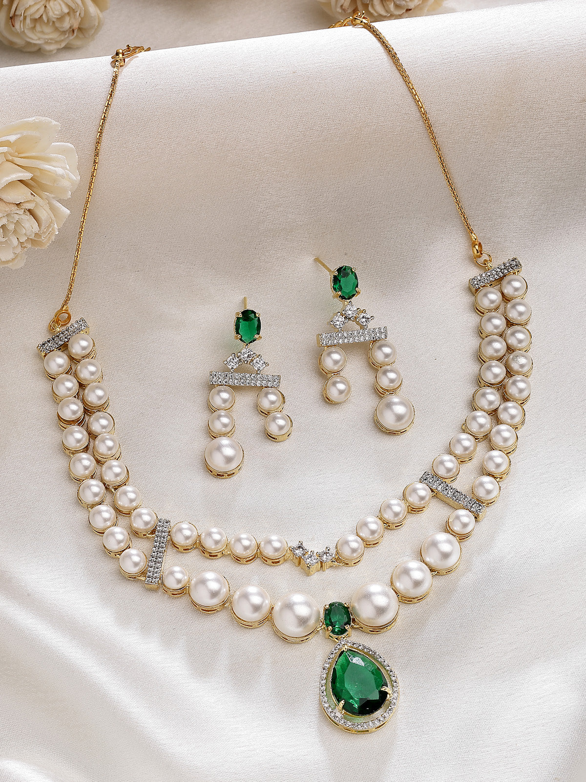 Sukkhi Iconic Pear Design Gold Plated with CZ & Pearl Studded Green Brass Two Layered Collar Necklace with Drop Earrings Jewellery Set for Women|Latest Stylish Gifts for All Occasions|NS116049