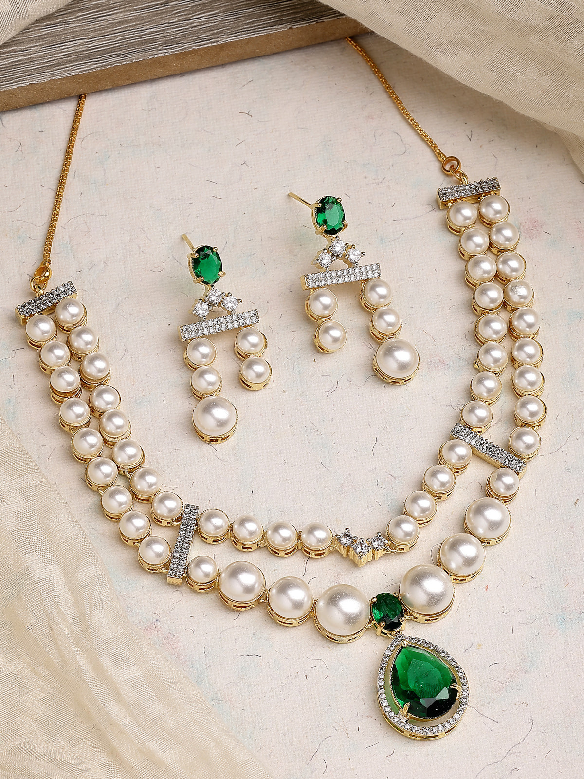 Sukkhi Iconic Pear Design Gold Plated with CZ & Pearl Studded Green Brass Two Layered Collar Necklace with Drop Earrings Jewellery Set for Women|Latest Stylish Gifts for All Occasions|NS116049