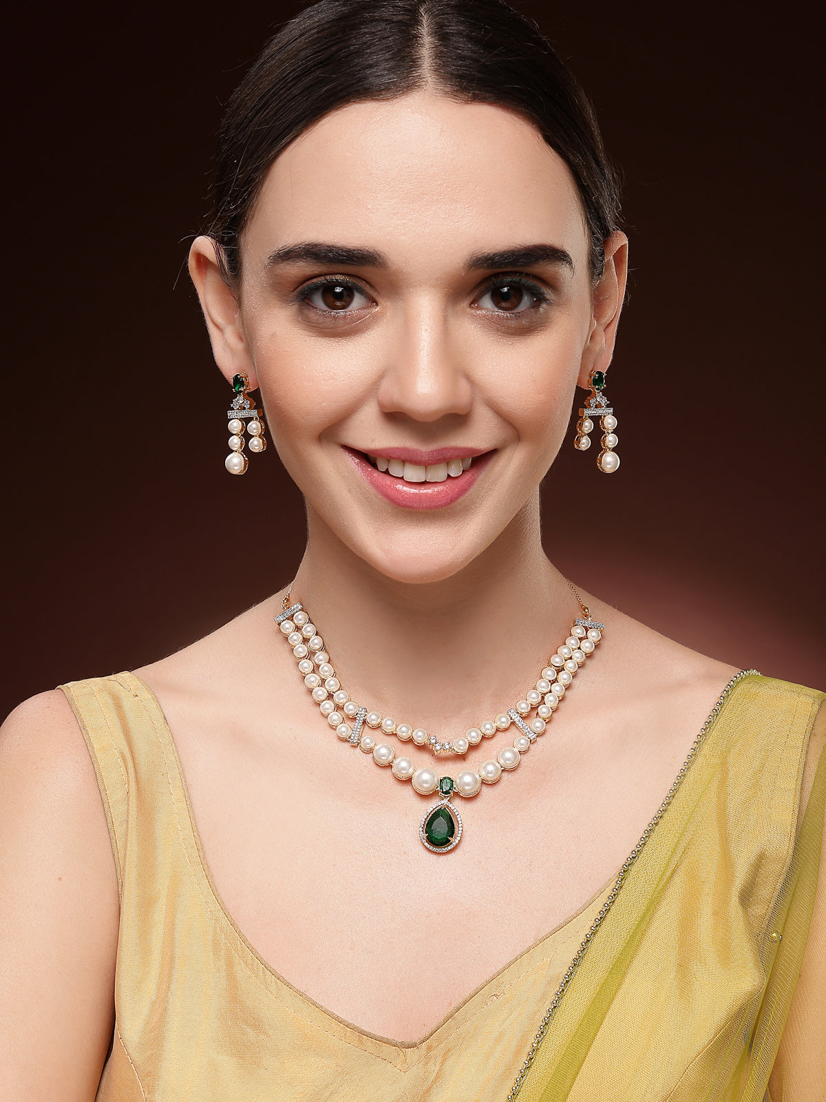 Sukkhi Iconic Pear Design Gold Plated with CZ & Pearl Studded Green Brass Two Layered Collar Necklace with Drop Earrings Jewellery Set for Women|Latest Stylish Gifts for All Occasions|NS116049