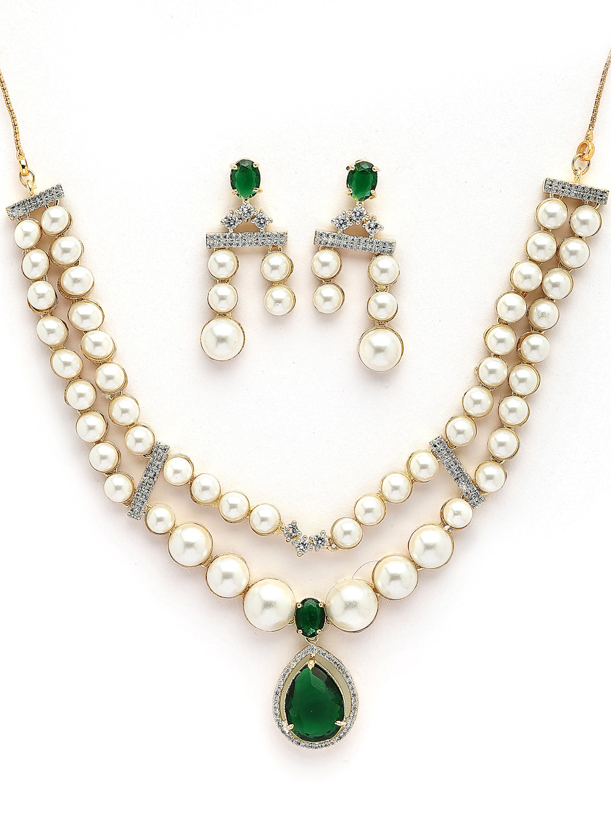 Sukkhi Iconic Pear Design Gold Plated with CZ & Pearl Studded Green Brass Two Layered Collar Necklace with Drop Earrings Jewellery Set for Women|Latest Stylish Gifts for All Occasions|NS116049